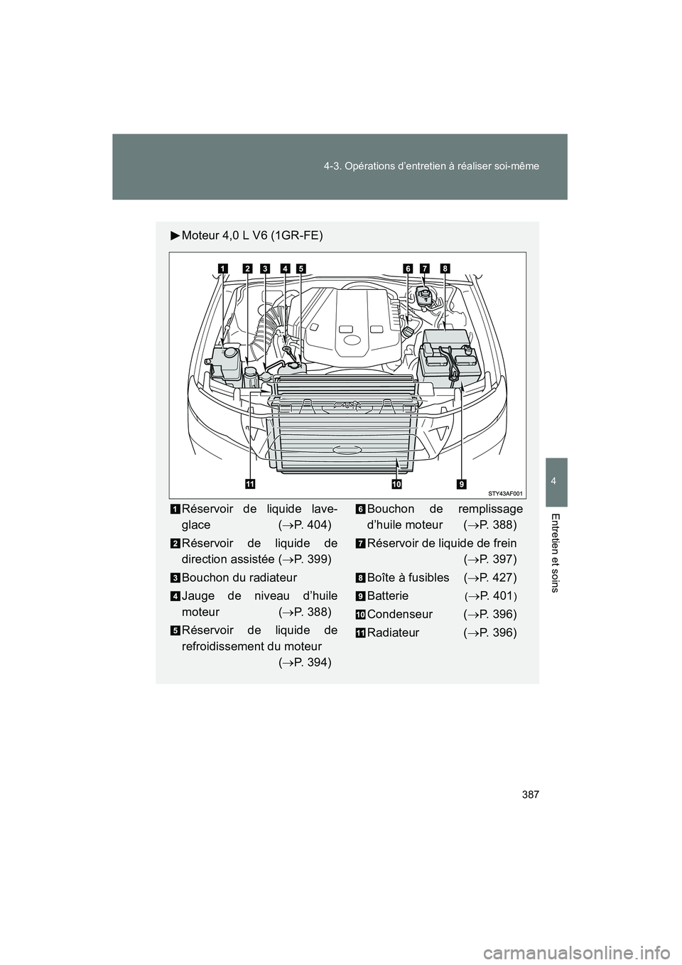 TOYOTA TACOMA 2009  Manuel du propriétaire (in French) 387
4-3. Opérations d’entretien à réaliser soi-même
4
Entretien et soins
TACOMA_D_(L/O_0805)
Moteur 4,0 L V6 (1GR-FE)
Réservoir de liquide lave-
glace
(→ P. 404)
Réservoir de liquide de
dire