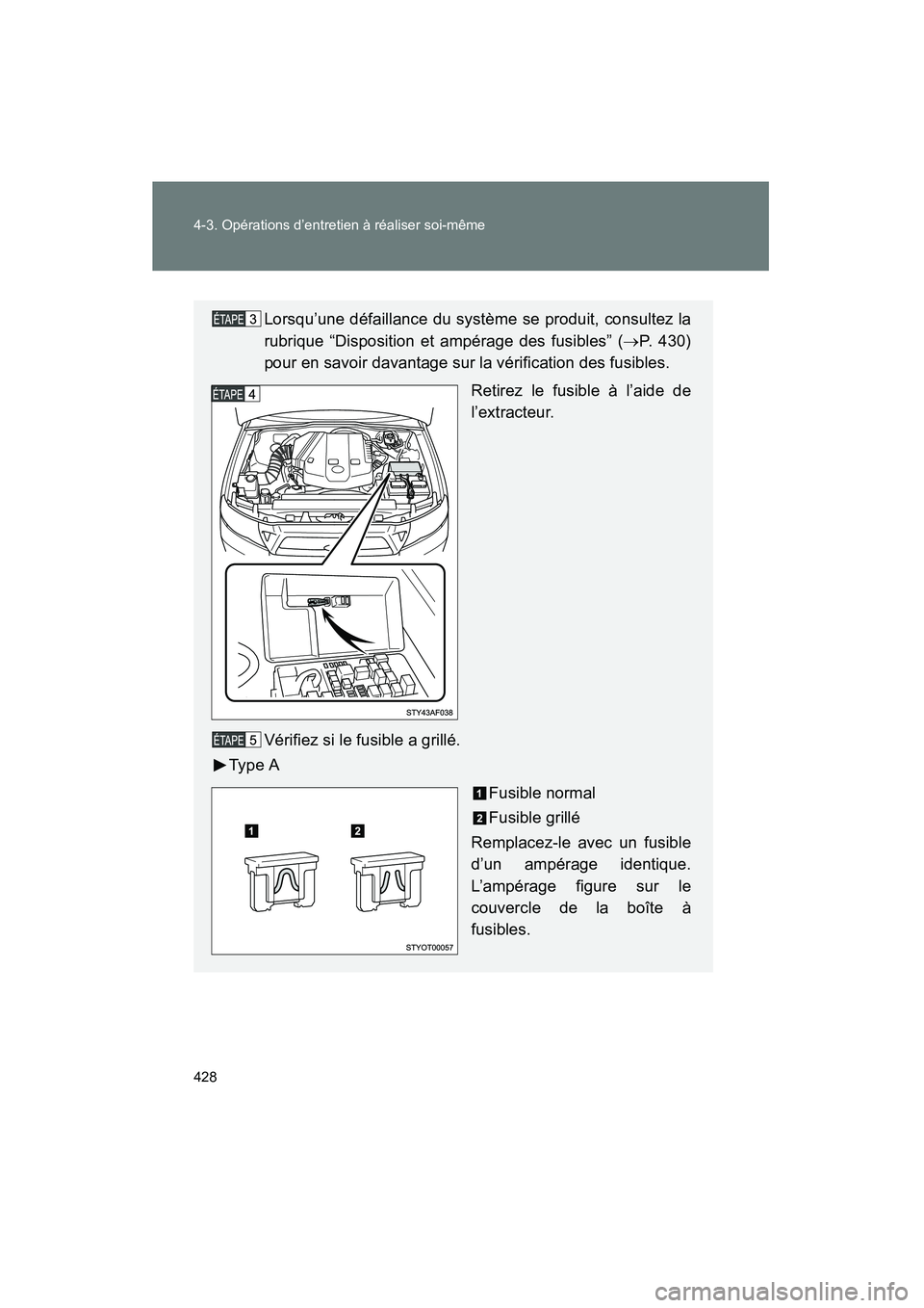 TOYOTA TACOMA 2009  Manuel du propriétaire (in French) 428 4-3. Opérations d’entretien à réaliser soi-même
TACOMA_D_(L/O_0805)
Lorsqu’une défaillance du système se produit, consultez la
rubrique “Disposition et ampérage des fusibles” (→P.