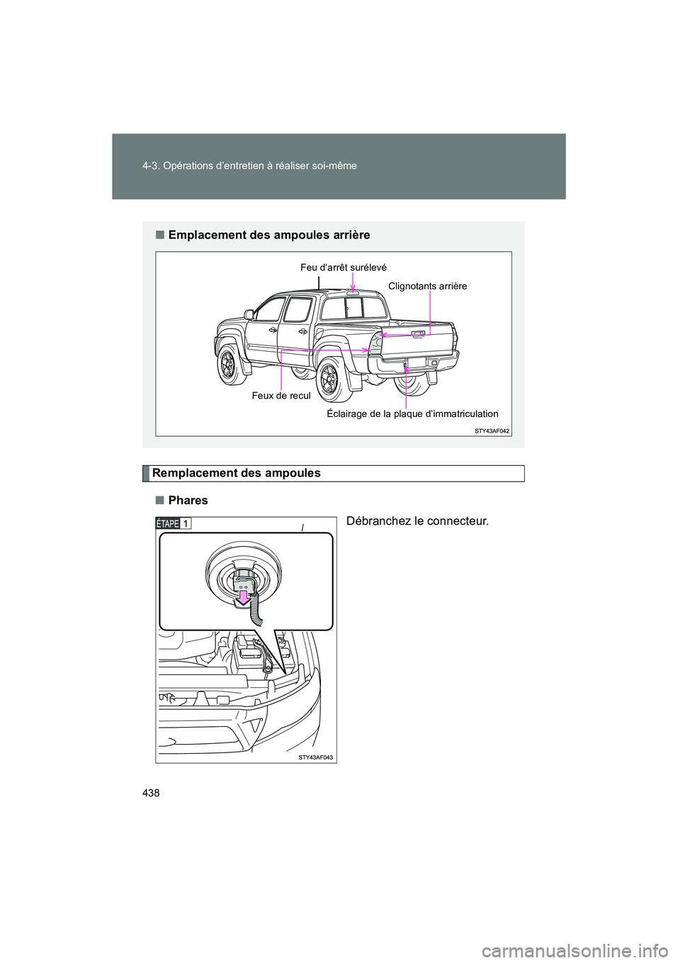 TOYOTA TACOMA 2009  Manuel du propriétaire (in French) 438 4-3. Opérations d’entretien à réaliser soi-même
TACOMA_D_(L/O_0805)
Remplacement des ampoules■ Phares
Débranchez le connecteur.
■Emplacement des ampoules arrière
Feu d’arrêt suréle