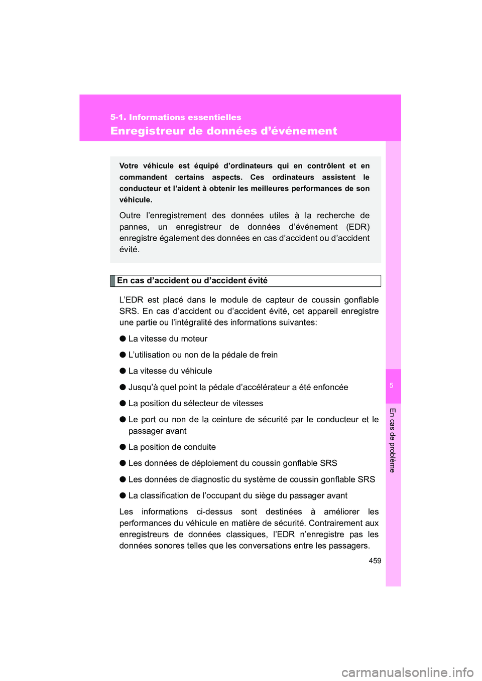 TOYOTA TACOMA 2009  Manuel du propriétaire (in French) 5
En cas de problème
459
5-1. Informations essentielles
TACOMA_D_(L/O_0805)
Enregistreur de données d’événement
En cas d’accident ou d’accident évitéL’EDR est placé dans le module de ca