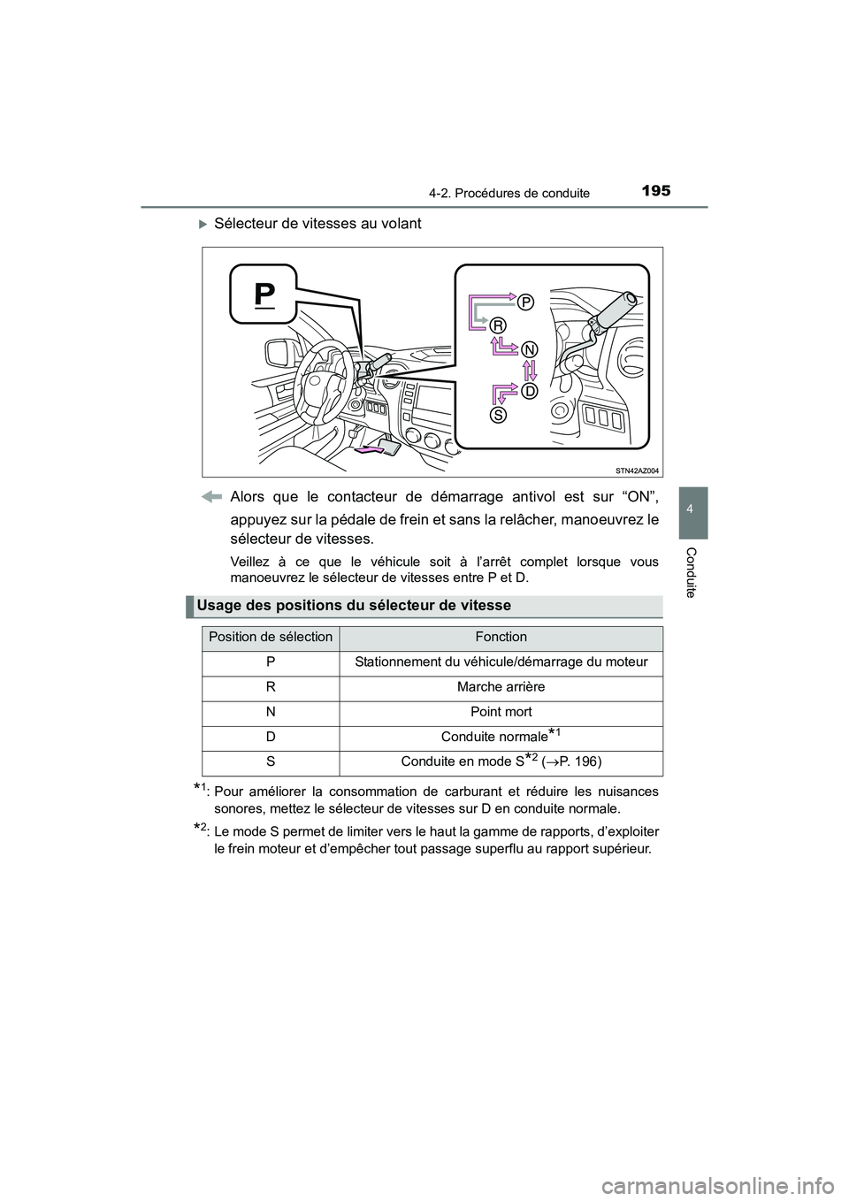TOYOTA TUNDRA 2017  Manuel du propriétaire (in French) 1954-2. Procédures de conduite
4
Conduite
TUNDRA_OM_USA_OM34594D_17MY
Sélecteur de vitesses au volantAlors que le contacteur de démarrage antivol est sur “ON”,
appuyez sur la pédale de frei