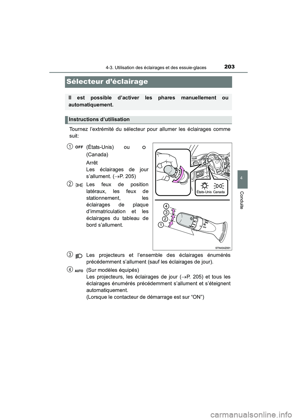TOYOTA TUNDRA 2017  Manuel du propriétaire (in French) 2034-3. Utilisation des éclairages et des essuie-glaces
4
Conduite
TUNDRA_OM_USA_OM34594D_17MY
Sélecteur d’éclairage
Tournez l’extrémité du sélecteur pour allumer les éclairages comme
suit:
