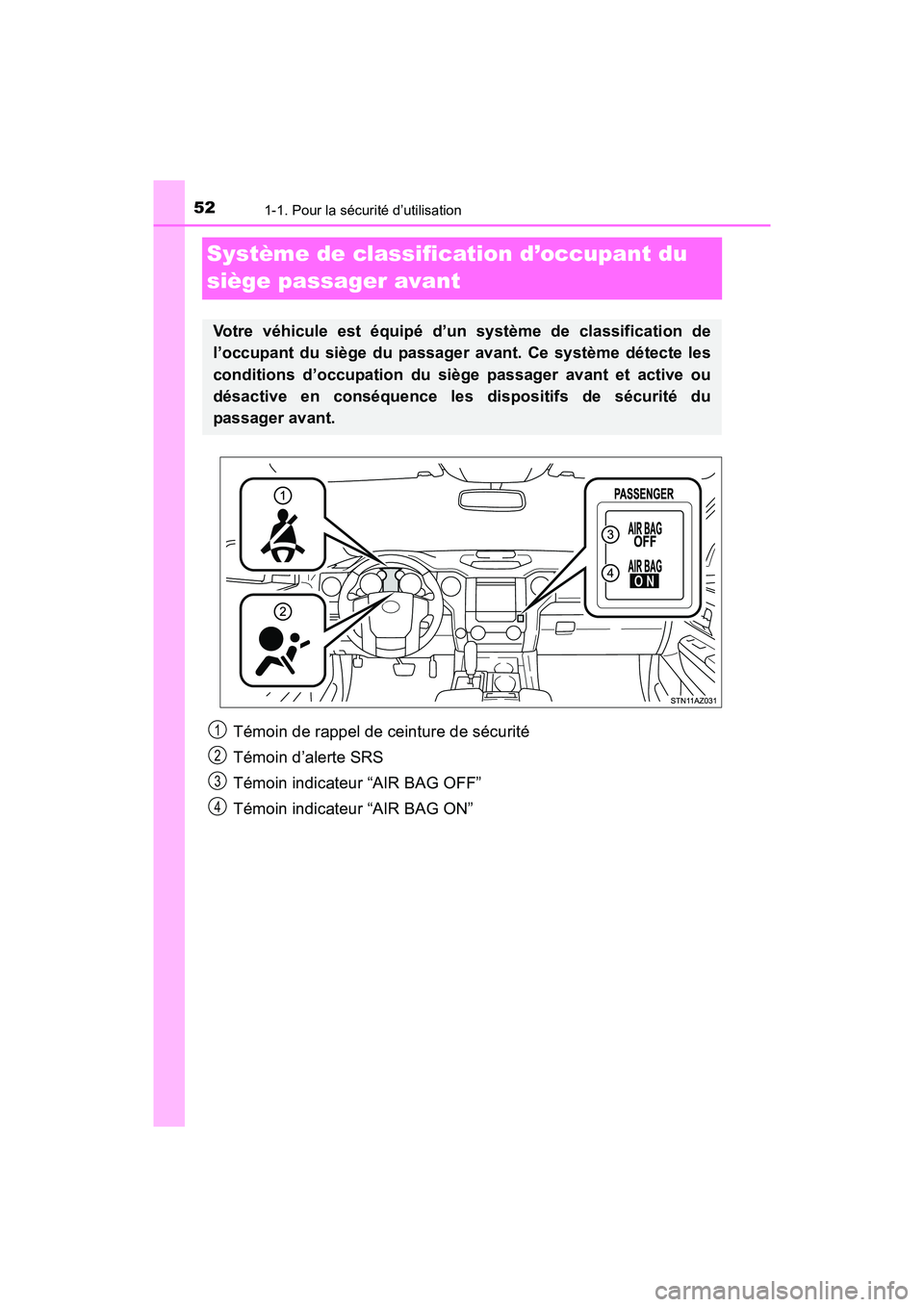 TOYOTA TUNDRA 2017  Manuel du propriétaire (in French) 521-1. Pour la sécurité d’utilisation
TUNDRA_OM_USA_OM34594D_17MY
Système de classification d’occupant du 
siège passager avant
Votre véhicule est équipé d’un système de classification d