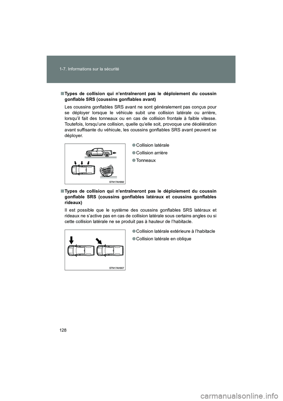 TOYOTA TUNDRA 2011 Manuel du propriétaire (in French) 128 1-7. Informations sur la sécurité
TUNDRA_D_34510D
■Types de collision qui n’entraîneront pas le déploiement du coussin
gonflable SRS (coussins gonflables avant)
Les coussins gonflables SRS TOYOTA TUNDRA 2011 Manuel du propriétaire (in French) 128 1-7. Informations sur la sécurité
TUNDRA_D_34510D
■Types de collision qui n’entraîneront pas le déploiement du coussin
gonflable SRS (coussins gonflables avant)
Les coussins gonflables SRS