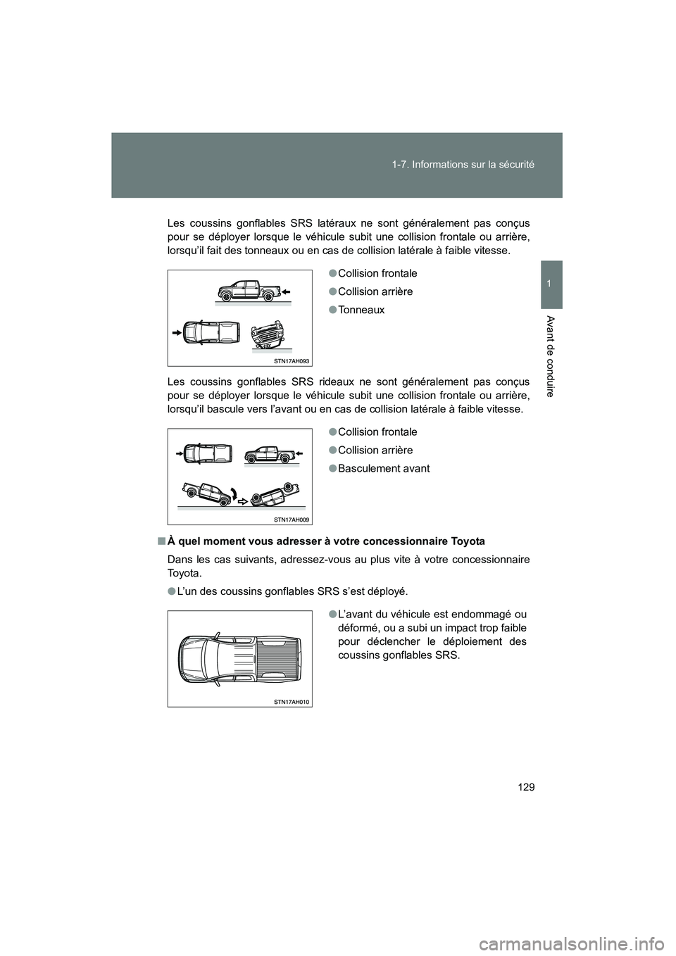 TOYOTA TUNDRA 2011 Manuel du propriétaire (in French) 129
1-7. Informations sur la sécurité
1
Avant de conduire
TUNDRA_D_34510D
Les coussins gonflables SRS latéraux ne sont généralement pas conçus
pour se déployer lorsque le véhicule subit une co TOYOTA TUNDRA 2011 Manuel du propriétaire (in French) 129
1-7. Informations sur la sécurité
1
Avant de conduire
TUNDRA_D_34510D
Les coussins gonflables SRS latéraux ne sont généralement pas conçus
pour se déployer lorsque le véhicule subit une co