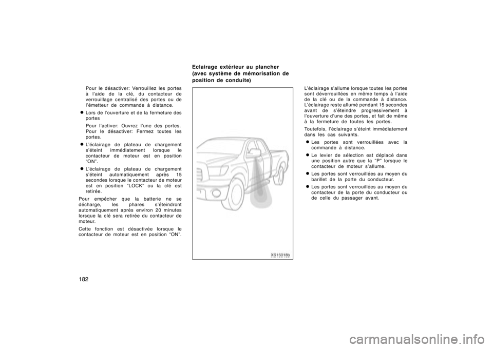 TOYOTA TUNDRA 2008  Manuel du propriétaire (in French) 182
Pour le désactiver: Verrouillez les portes
à l’aide de la clé, du contacteur de
verrouillage centralisé des portes ou de
l’émetteur de commande à distance.DLors de l’ouverture et de la