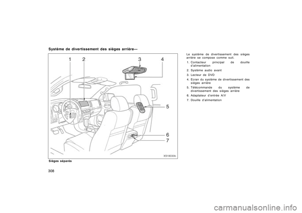 TOYOTA TUNDRA 2008  Manuel du propriétaire (in French) 308Sièges séparésLe système de divertissement des si
èges
arrière se compose comme suit.
1 . Contacteur principal de douille
d’alimentation
2. Système audio avant
3. Lecteur de DVD
4. Ecran d