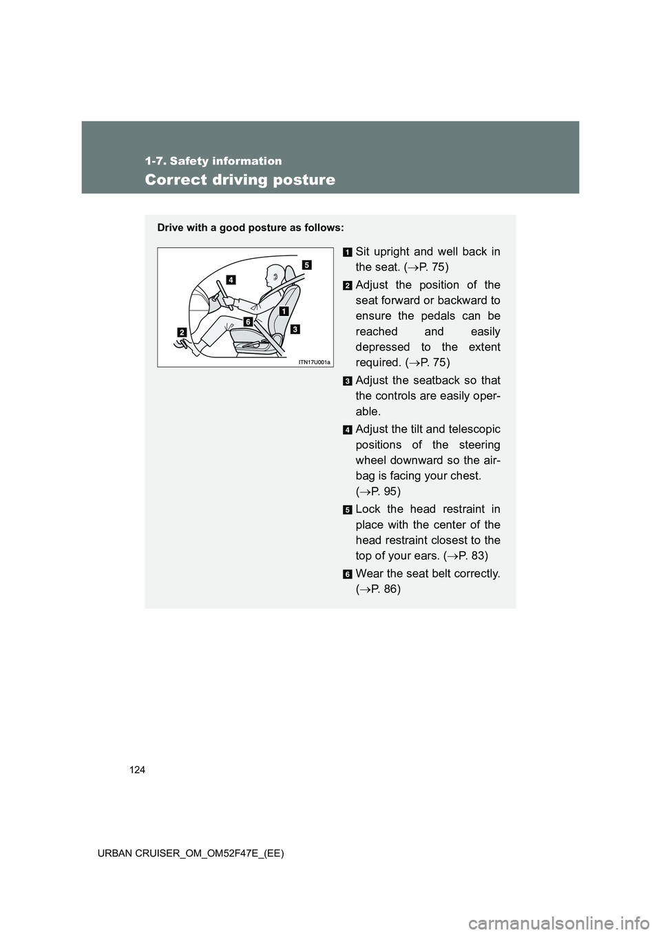 TOYOTA URBAN CRUISER 2015  Owners Manual 124
URBAN CRUISER_OM_OM52F47E_(EE)
1-7. Safety information
Correct driving posture
Drive with a good posture as follows:
Sit upright and well back in
the seat. ( →P.  7 5 )
Adjust the position of th