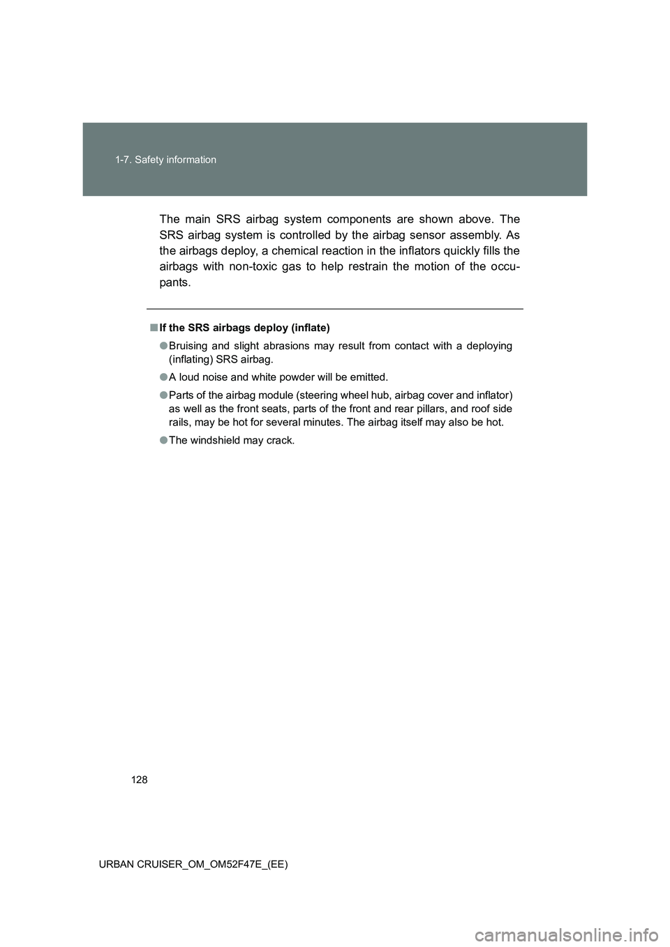 TOYOTA URBAN CRUISER 2015  Owners Manual 128
1-7. Safety information
URBAN CRUISER_OM_OM52F47E_(EE)
The main SRS airbag system components are shown above. The
SRS airbag system is controlled by the airbag sensor assembly. As
the airbags depl
