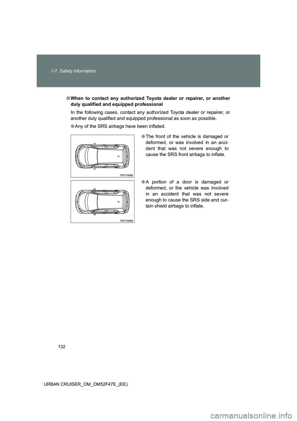 TOYOTA URBAN CRUISER 2015  Owners Manual 132
1-7. Safety information
URBAN CRUISER_OM_OM52F47E_(EE)
■ When to contact any authorized Toyota dealer or repairer, or another
duly qualified and equipped professional
In the following cases, con