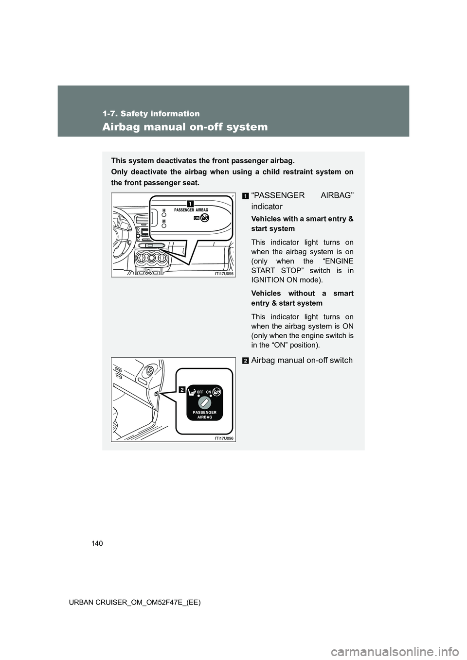TOYOTA URBAN CRUISER 2015  Owners Manual 140
1-7. Safety information
URBAN CRUISER_OM_OM52F47E_(EE)
Airbag manual on-off system
This system deactivates the front passenger airbag.
Only deactivate the airbag when using a child restraint syste