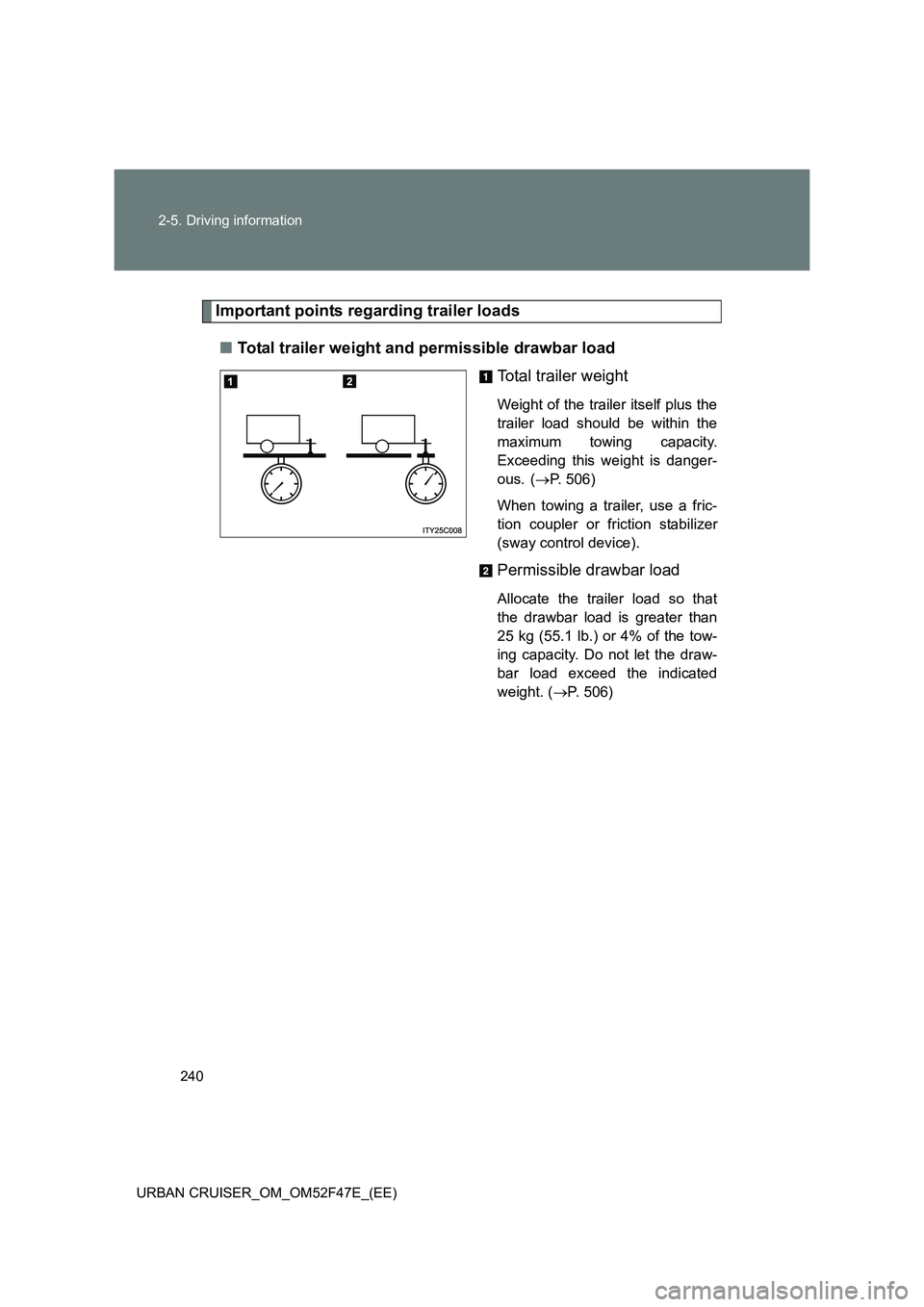 TOYOTA URBAN CRUISER 2015  Owners Manual 240
2-5. Driving information
URBAN CRUISER_OM_OM52F47E_(EE)
Important points regarding trailer loads ■ Total trailer weight and permissible drawbar load
Total trailer weight
Weight of the trailer it