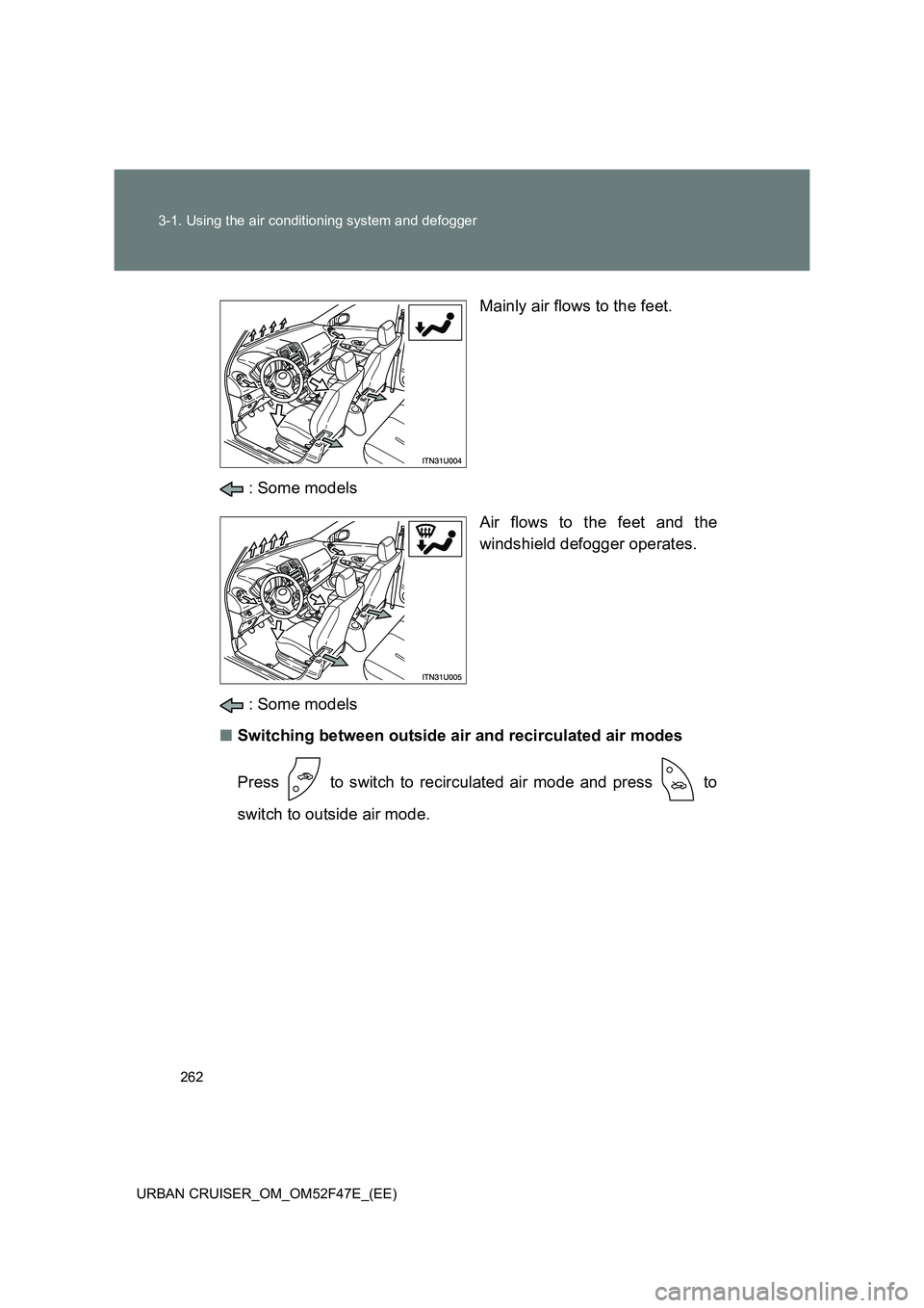 TOYOTA URBAN CRUISER 2015  Owners Manual 262
3-1. Using the air conditioning system and defogger
URBAN CRUISER_OM_OM52F47E_(EE)
Mainly air flows to the feet.
 : Some models Air flows to the feet and the
windshield defogger operates.
 : Some 