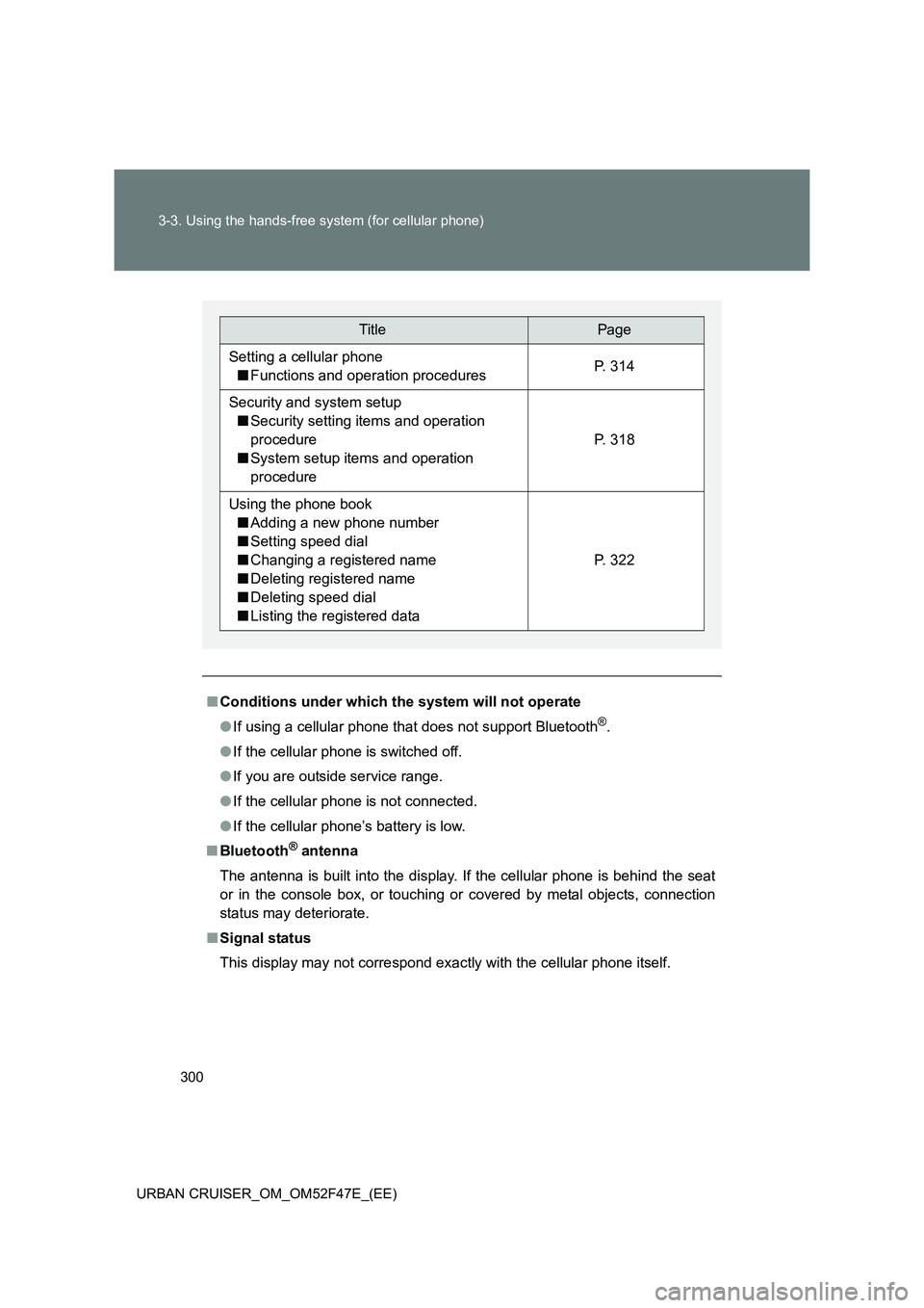 TOYOTA URBAN CRUISER 2015 Owners Manual 300
3-3. Using the hands-free system (for cellular phone)
URBAN CRUISER_OM_OM52F47E_(EE)
■ Conditions under which the system will not operate
●If using a cellular phone that does not support Bluet TOYOTA URBAN CRUISER 2015 Owners Manual 300
3-3. Using the hands-free system (for cellular phone)
URBAN CRUISER_OM_OM52F47E_(EE)
■ Conditions under which the system will not operate
●If using a cellular phone that does not support Bluet