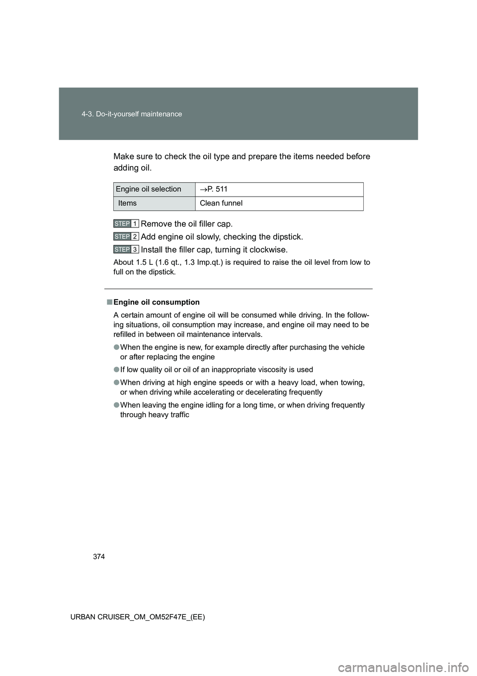 TOYOTA URBAN CRUISER 2015  Owners Manual 374
4-3. Do-it-yourself maintenance
URBAN CRUISER_OM_OM52F47E_(EE)
Make sure to check the oil type and prepare the items needed before
adding oil.  Remove the oil filler cap.
Add engine oil slowly, ch