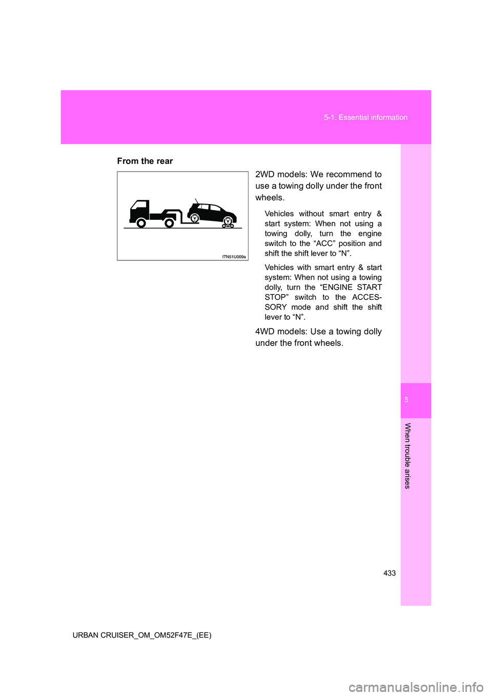 TOYOTA URBAN CRUISER 2015  Owners Manual 5
433
5-1. Essential information
When trouble arises
URBAN CRUISER_OM_OM52F47E_(EE)
From the rear
2WD models: We recommend to
use a towing dolly under the front
wheels.
Vehicles without smart entry &
