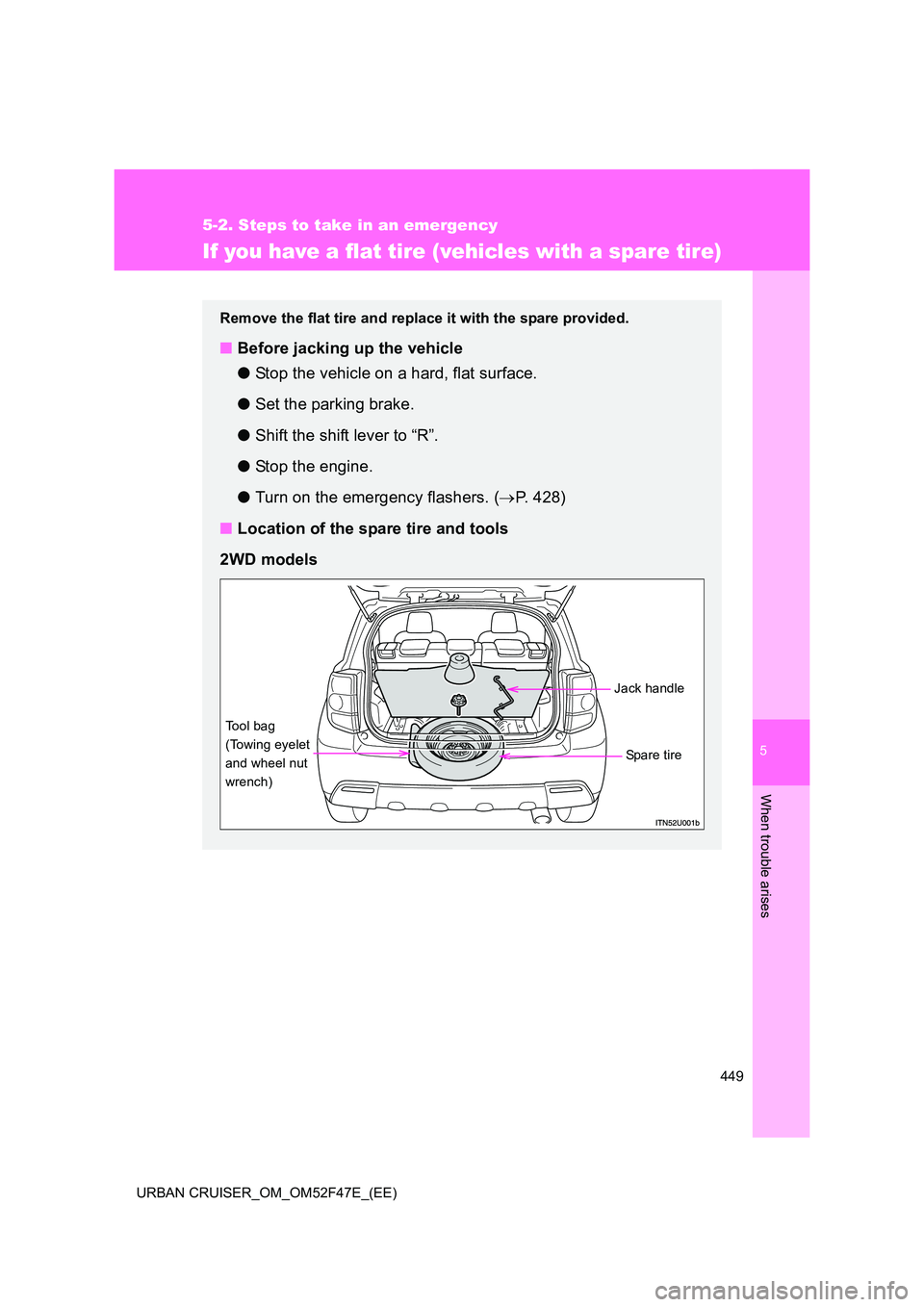TOYOTA URBAN CRUISER 2015  Owners Manual 5
449
5-2. Steps to take in an emergency
When trouble arises
URBAN CRUISER_OM_OM52F47E_(EE)
If you have a flat tire (vehicles with a spare tire)
Remove the flat tire and replace it with the spare prov
