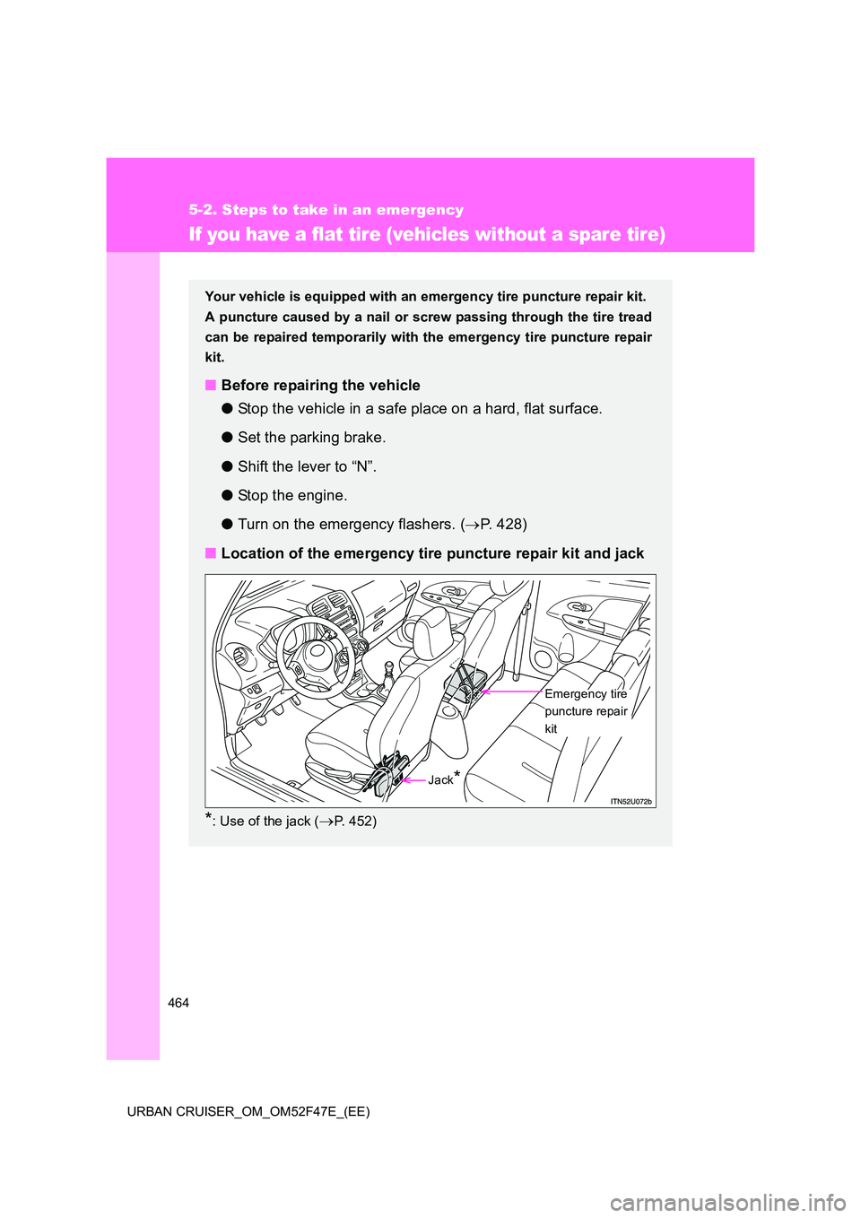 TOYOTA URBAN CRUISER 2015  Owners Manual 464
5-2. Steps to take in an emergency
URBAN CRUISER_OM_OM52F47E_(EE)
If you have a flat tire (vehicles without a spare tire)
Your vehicle is equipped with an emergency tire puncture repair kit.
A pun