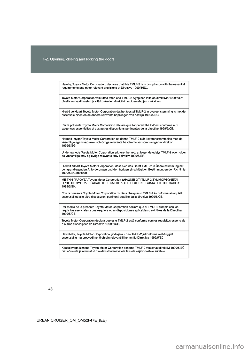 TOYOTA URBAN CRUISER 2015  Owners Manual 48
1-2. Opening, closing and locking the doors
URBAN CRUISER_OM_OM52F47E_(EE) 
