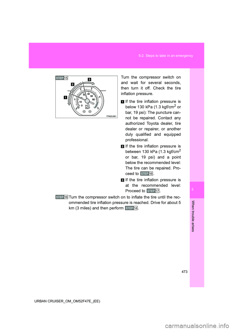 TOYOTA URBAN CRUISER 2015  Owners Manual 5
473
5-2. Steps to take in an emergency
When trouble arises
URBAN CRUISER_OM_OM52F47E_(EE)
Turn the compressor switch on
and wait for several seconds,
then turn it off. Check the tire
inflation press