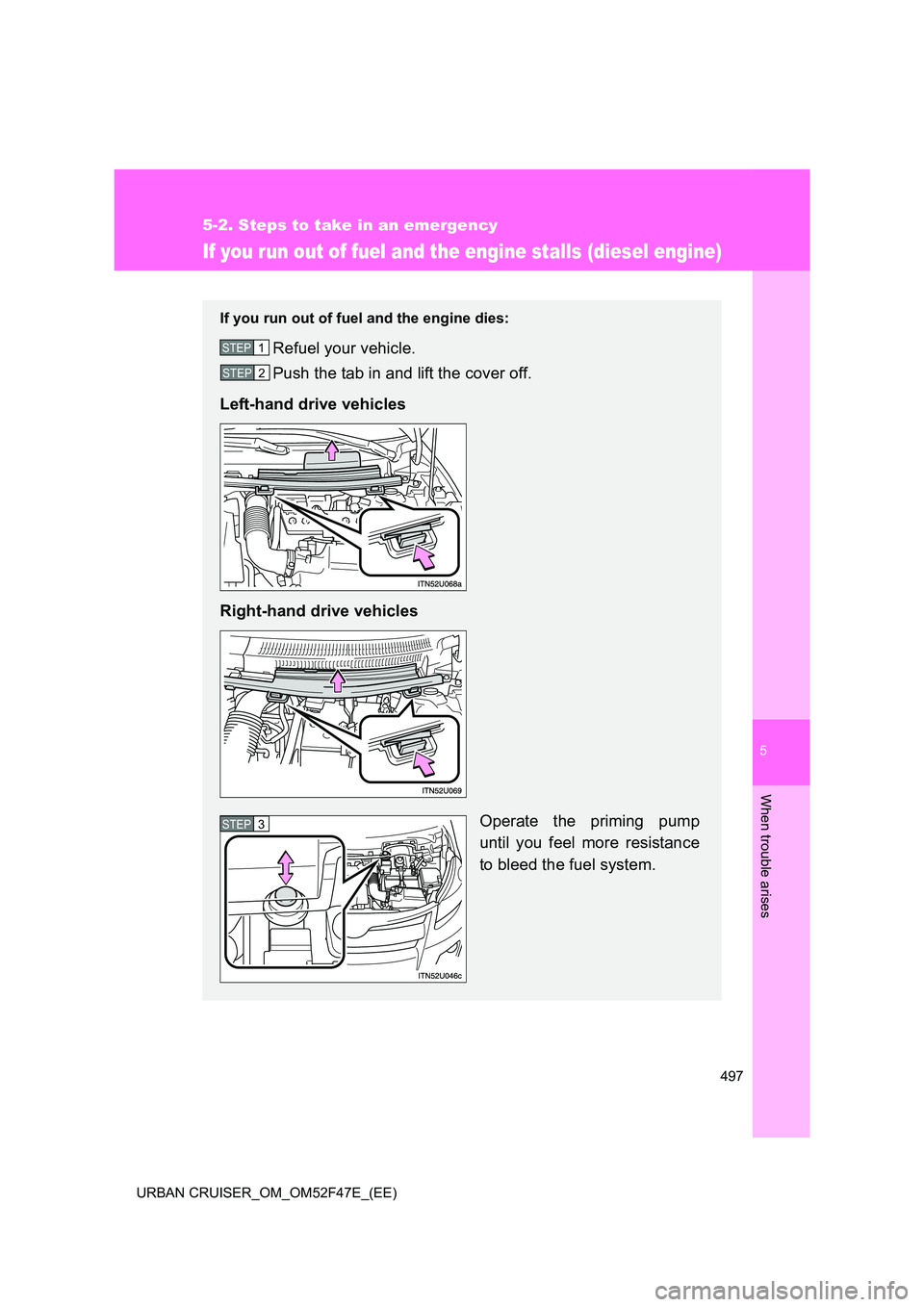TOYOTA URBAN CRUISER 2015  Owners Manual 5
497
5-2. Steps to take in an emergency
When trouble arises
URBAN CRUISER_OM_OM52F47E_(EE)
If you run out of fuel and the engine stalls (diesel engine)
If you run out of fuel and the engine dies:
Ref