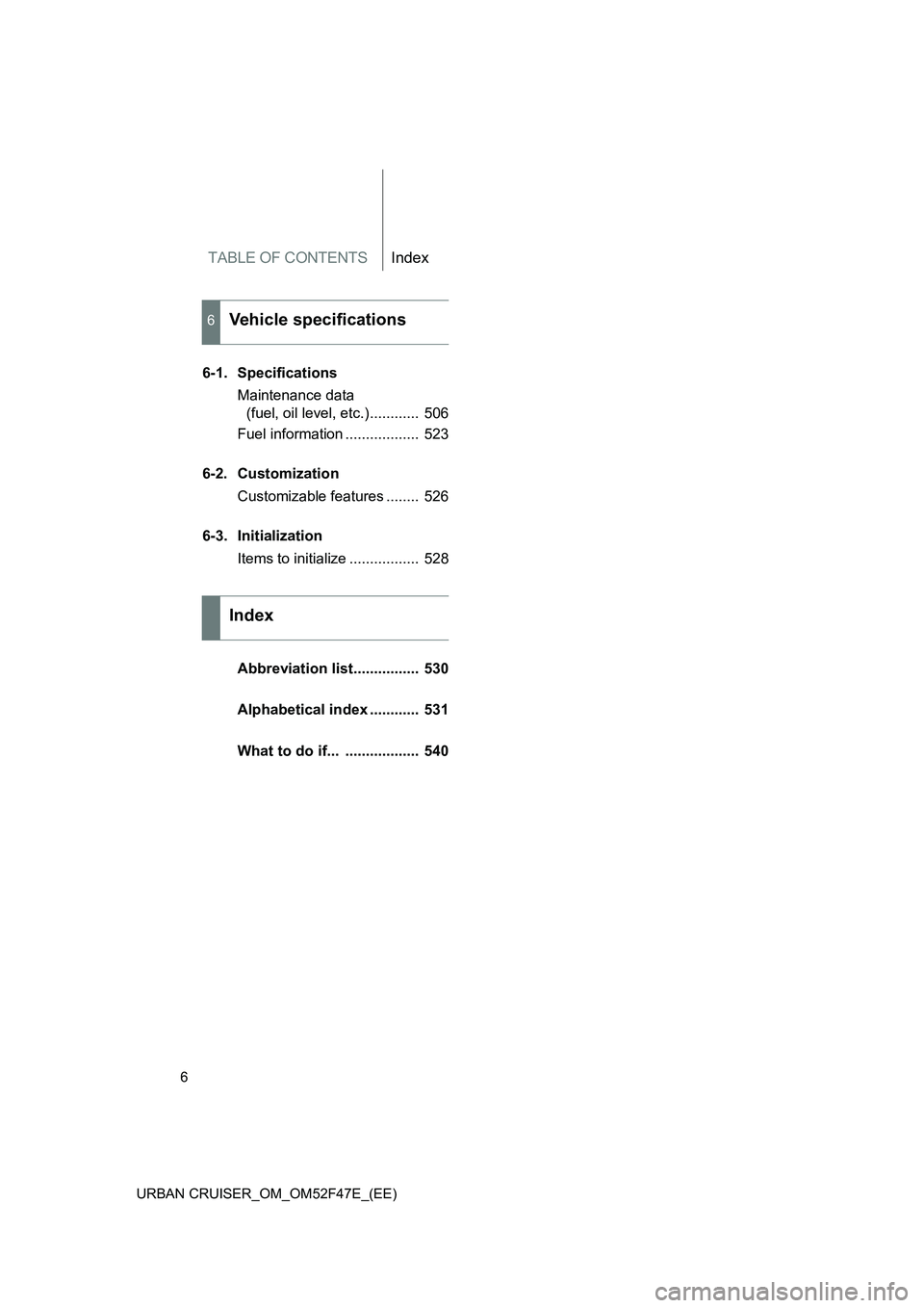 TOYOTA URBAN CRUISER 2015  Owners Manual TABLE OF CONTENTSIndex
6
URBAN CRUISER_OM_OM52F47E_(EE)
6-1. Specifications Maintenance data (fuel, oil level, etc.)............  506
Fuel information ..................  523
6-2. Customization Custom