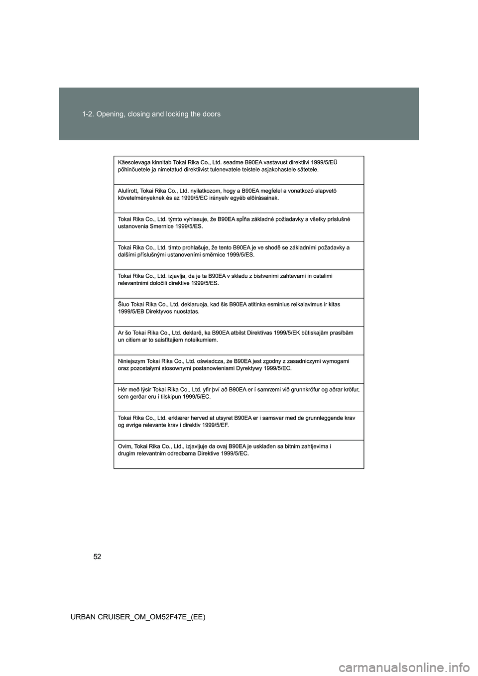 TOYOTA URBAN CRUISER 2015  Owners Manual 52
1-2. Opening, closing and locking the doors
URBAN CRUISER_OM_OM52F47E_(EE) 