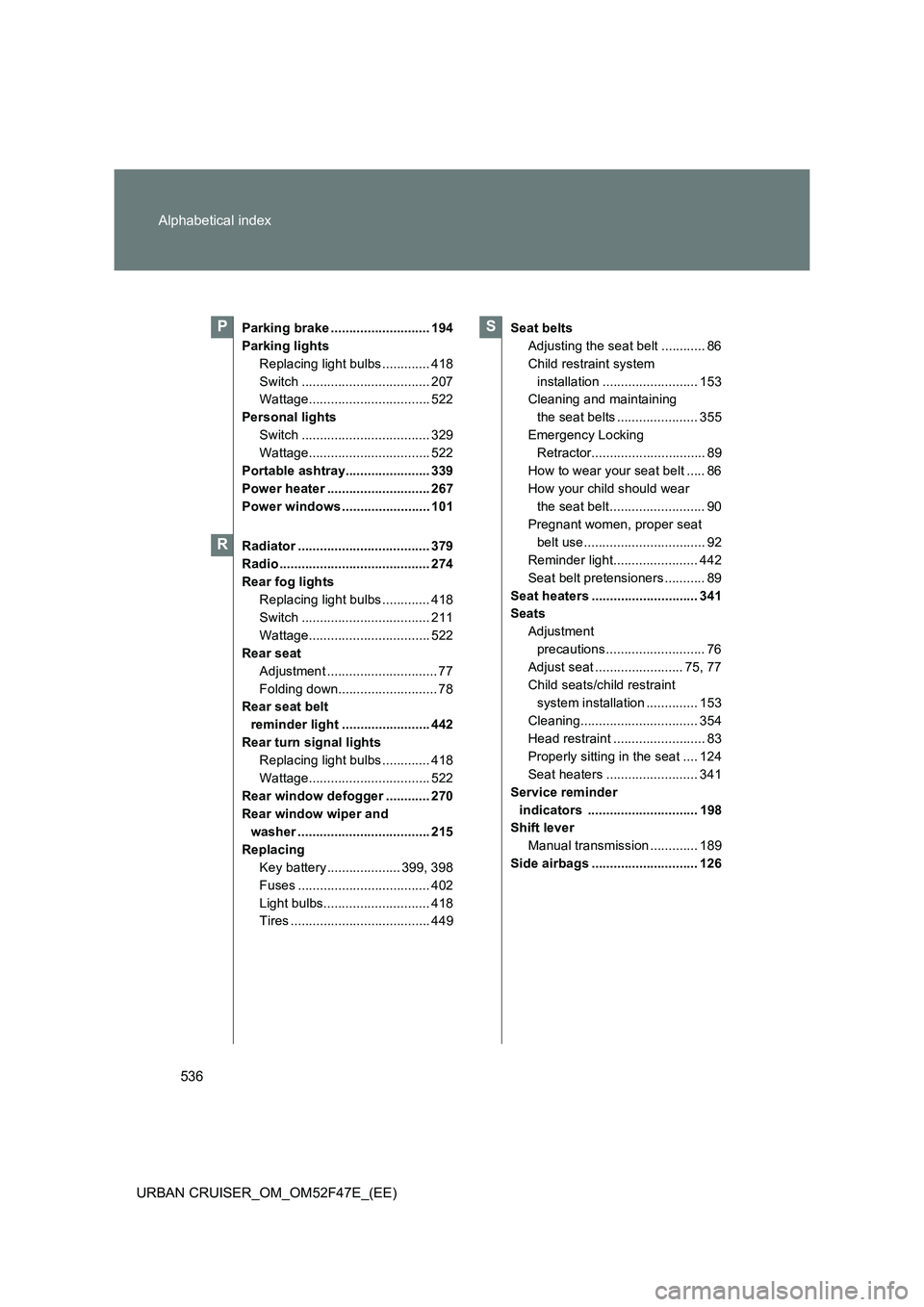 TOYOTA URBAN CRUISER 2015 Owners Manual 536
Alphabetical index
URBAN CRUISER_OM_OM52F47E_(EE)
Parking brake ........................... 194
Parking lights
Replacing light bulbs ............. 418
Switch ................................... 20 TOYOTA URBAN CRUISER 2015 Owners Manual 536
Alphabetical index
URBAN CRUISER_OM_OM52F47E_(EE)
Parking brake ........................... 194
Parking lights
Replacing light bulbs ............. 418
Switch ................................... 20