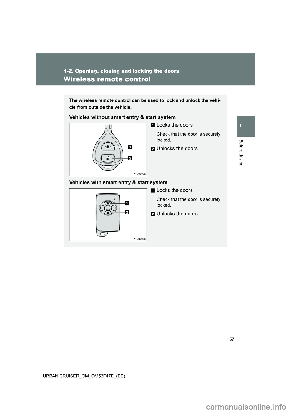 TOYOTA URBAN CRUISER 2015  Owners Manual 57
1
1-2. Opening, closing and locking the doors
Before driving
URBAN CRUISER_OM_OM52F47E_(EE)
Wireless remote control
The wireless remote control can be used to lock and unlock the vehi-
cle from out