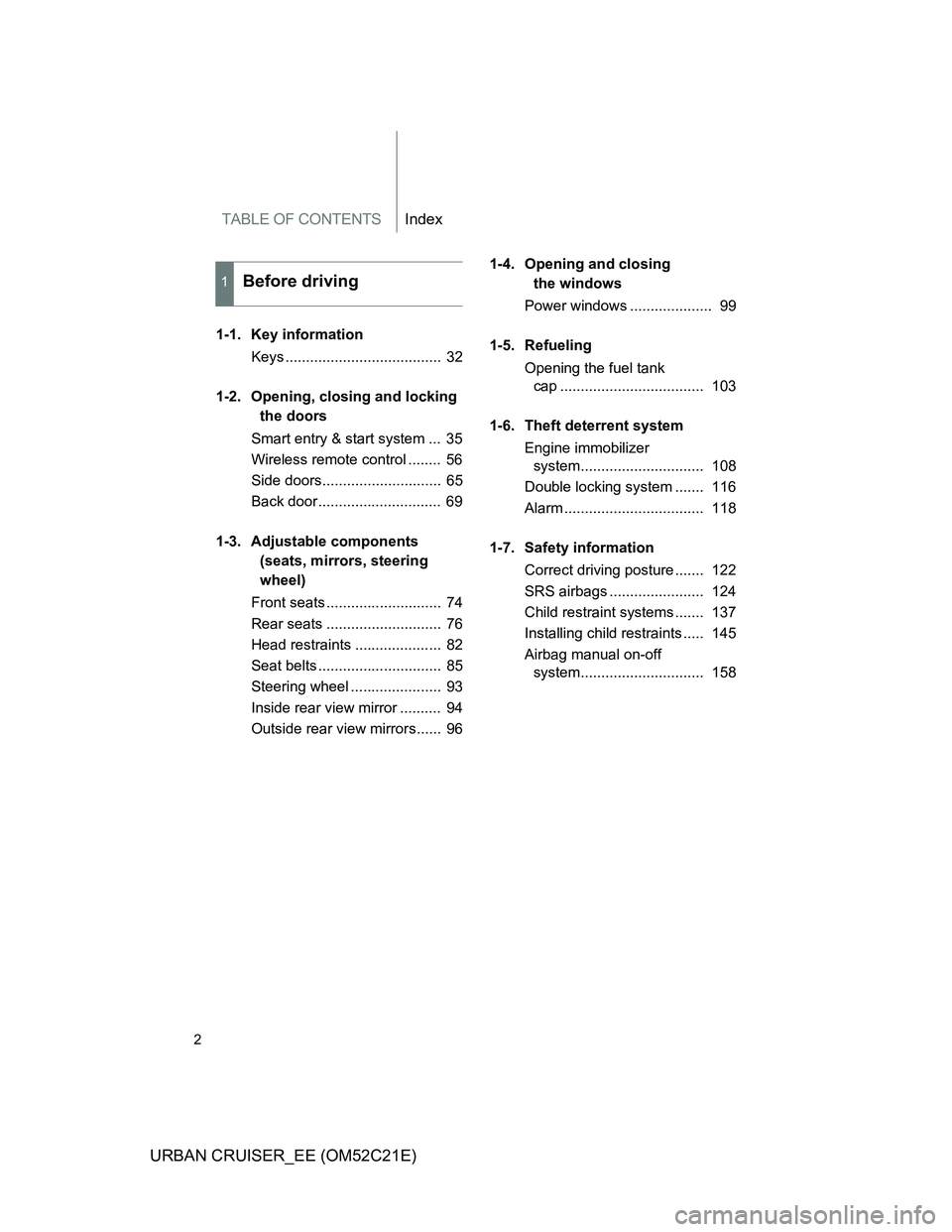 TOYOTA URBAN CRUISER 2011 Owners Manual TABLE OF CONTENTSIndex
2
URBAN CRUISER_EE (OM52C21E)
1-1. Key information
Keys ...................................... 32
1-2. Opening, closing and locking
the doors
Smart entry & start system ... 3 TOYOTA URBAN CRUISER 2011 Owners Manual TABLE OF CONTENTSIndex
2
URBAN CRUISER_EE (OM52C21E)
1-1. Key information
Keys ...................................... 32
1-2. Opening, closing and locking
the doors
Smart entry & start system ... 3