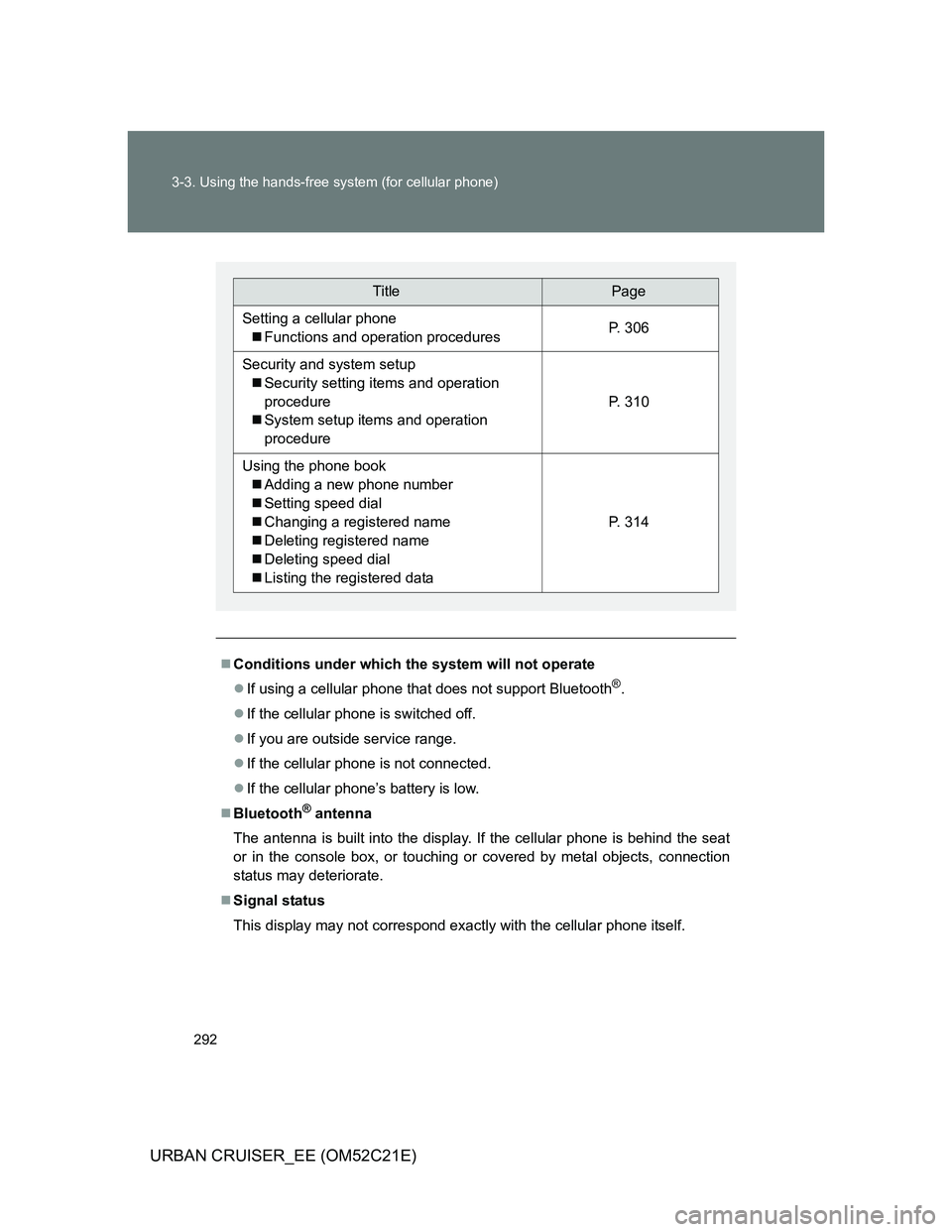TOYOTA URBAN CRUISER 2011  Owners Manual 292 3-3. Using the hands-free system (for cellular phone)
URBAN CRUISER_EE (OM52C21E)
Conditions under which the system will not operate
If using a cellular phone that does not support Bluetooth