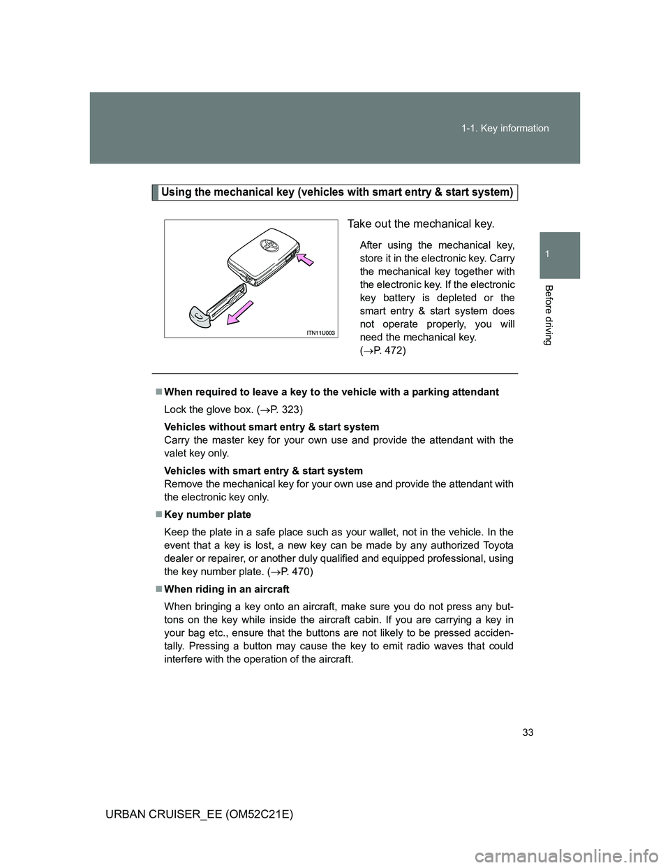 TOYOTA URBAN CRUISER 2011  Owners Manual 33 1-1. Key information
1
Before driving
URBAN CRUISER_EE (OM52C21E)
Using the mechanical key (vehicles with smart entry & start system)
Take out the mechanical key.
After using the mechanical key,
st