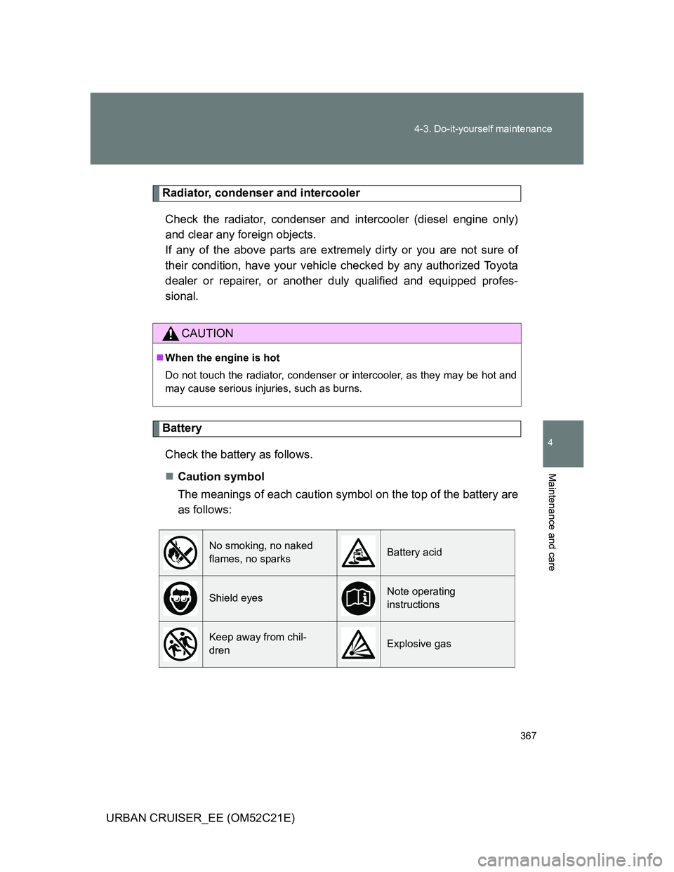 TOYOTA URBAN CRUISER 2011  Owners Manual 367 4-3. Do-it-yourself maintenance
4
Maintenance and care
URBAN CRUISER_EE (OM52C21E)
Radiator, condenser and intercooler
Check the radiator, condenser and intercooler (diesel engine only)
and clear 