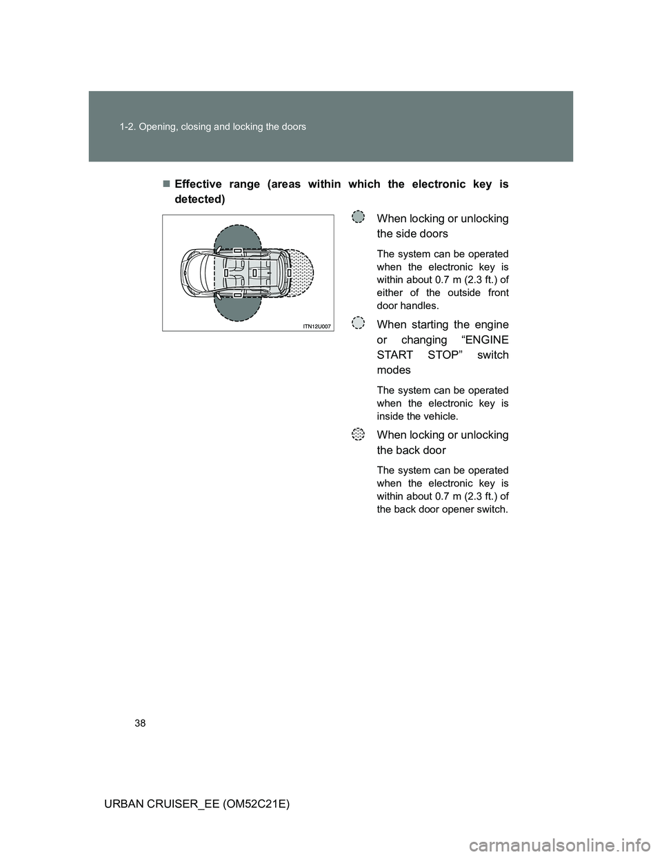 TOYOTA URBAN CRUISER 2011  Owners Manual 38 1-2. Opening, closing and locking the doors
URBAN CRUISER_EE (OM52C21E)Effective range (areas within which the electronic key is
detected)
When locking or unlocking
the side doors
The system can