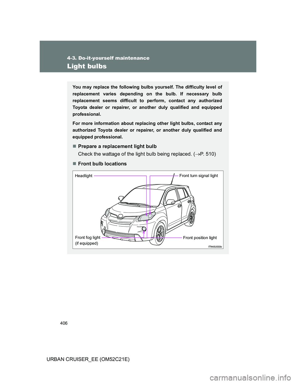 TOYOTA URBAN CRUISER 2011  Owners Manual 406
4-3. Do-it-yourself maintenance
URBAN CRUISER_EE (OM52C21E)
Light bulbs
You may replace the following bulbs yourself. The difficulty level of
replacement varies depending on the bulb. If necessary