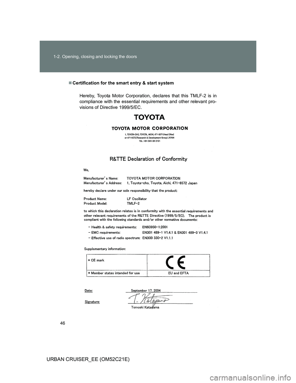 TOYOTA URBAN CRUISER 2011  Owners Manual 46 1-2. Opening, closing and locking the doors
URBAN CRUISER_EE (OM52C21E)
Certification for the smart entry & start system
Hereby, Toyota Motor Corporation, declares that this TMLF-2 is in
complia