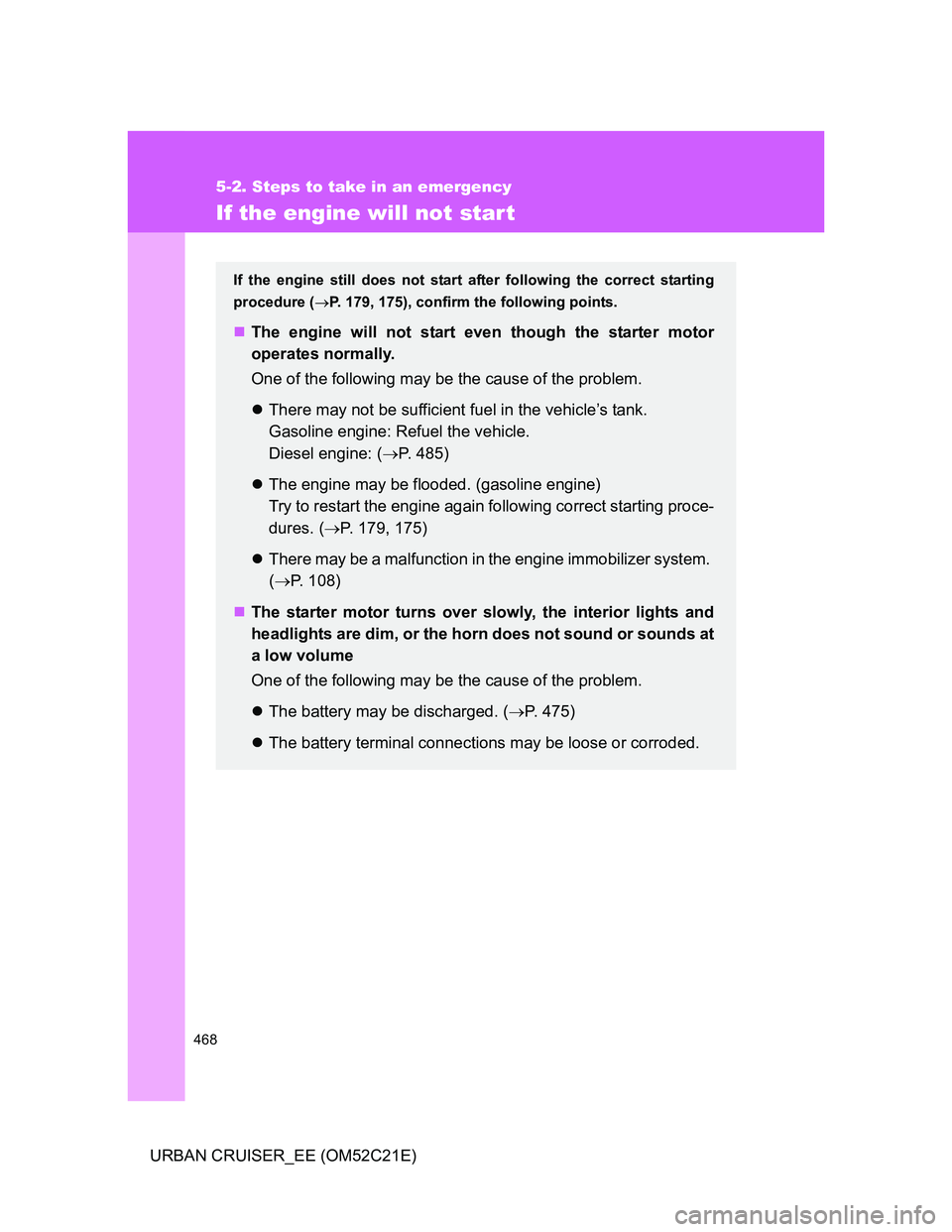 TOYOTA URBAN CRUISER 2011  Owners Manual 468
5-2. Steps to take in an emergency
URBAN CRUISER_EE (OM52C21E)
If the engine will not start
If the engine still does not start after following the correct starting
procedure (P. 179, 175), conf