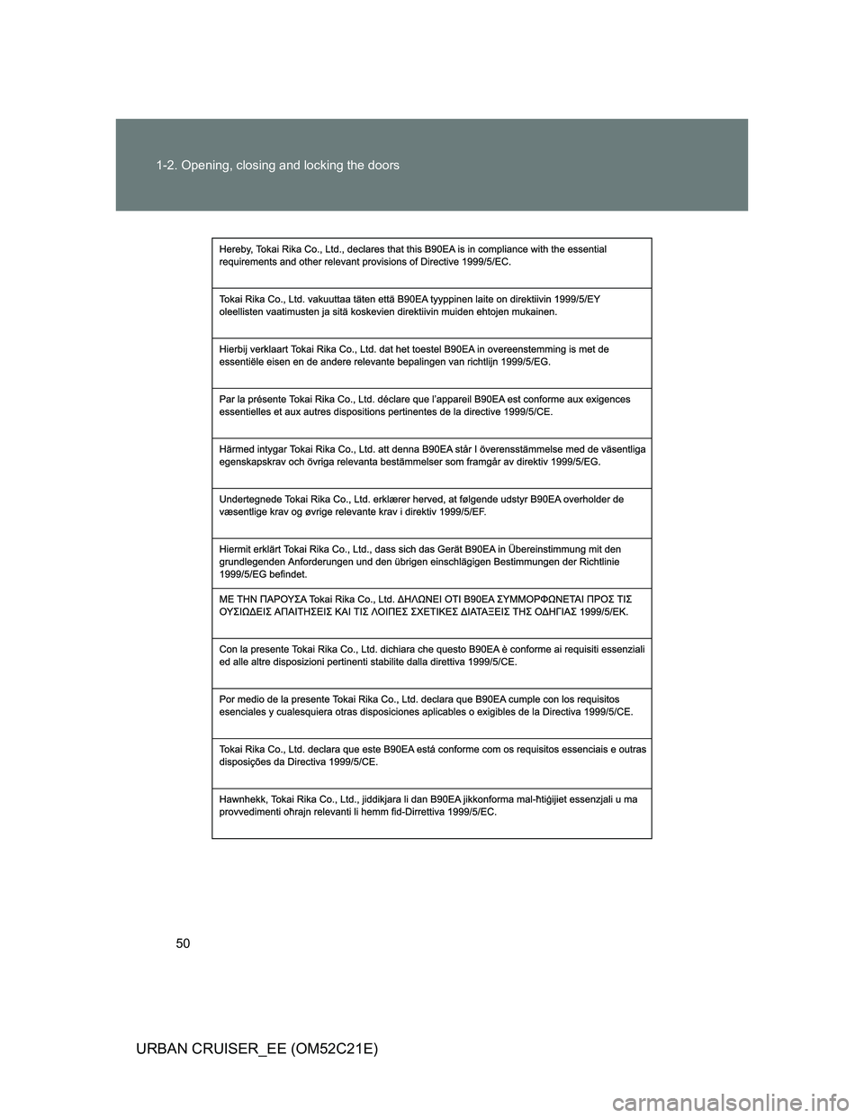 TOYOTA URBAN CRUISER 2011  Owners Manual 50 1-2. Opening, closing and locking the doors
URBAN CRUISER_EE (OM52C21E) 