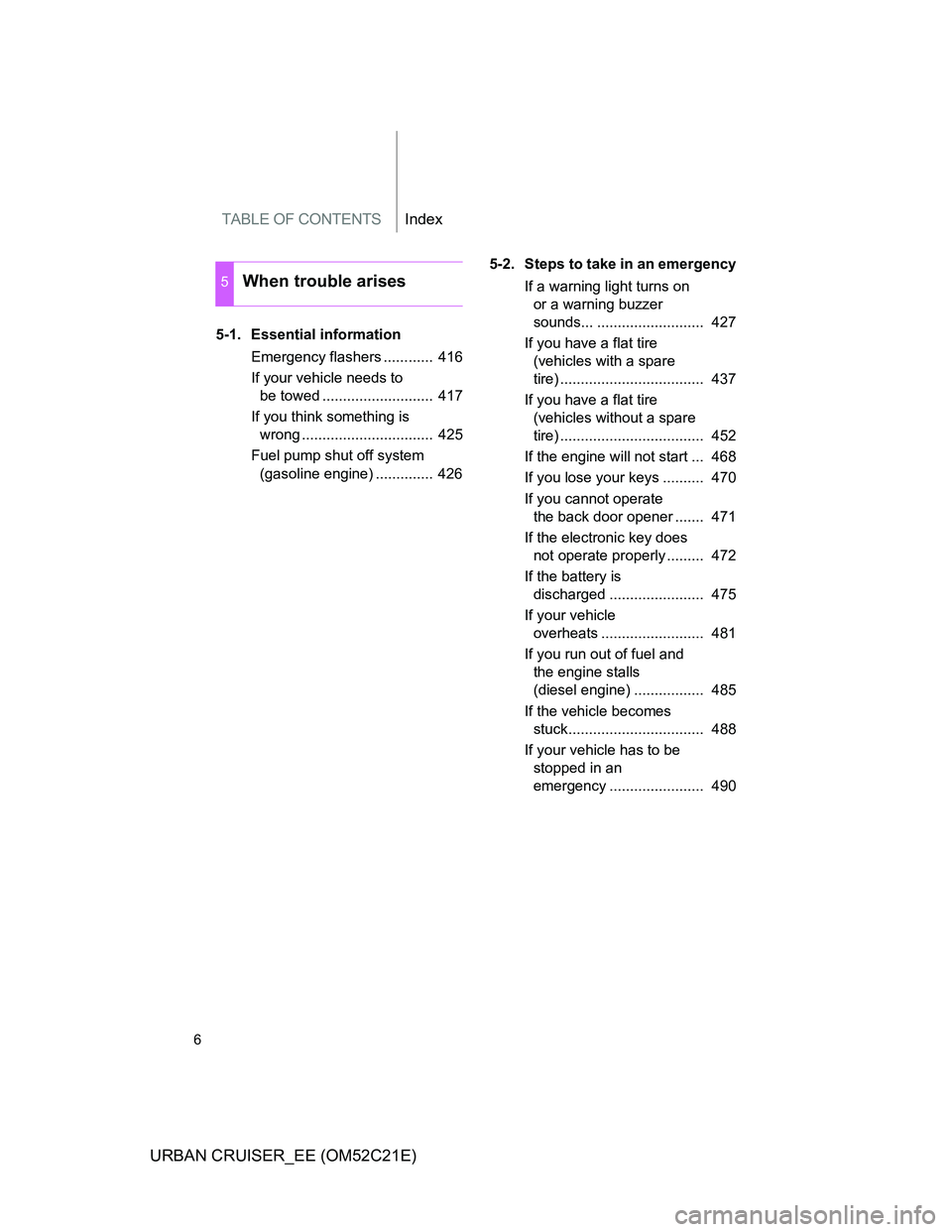 TOYOTA URBAN CRUISER 2011 Owners Manual TABLE OF CONTENTSIndex
6
URBAN CRUISER_EE (OM52C21E)
5-1. Essential information
Emergency flashers ............ 416
If your vehicle needs to
be towed ........................... 417
If you think so TOYOTA URBAN CRUISER 2011 Owners Manual TABLE OF CONTENTSIndex
6
URBAN CRUISER_EE (OM52C21E)
5-1. Essential information
Emergency flashers ............ 416
If your vehicle needs to
be towed ........................... 417
If you think so