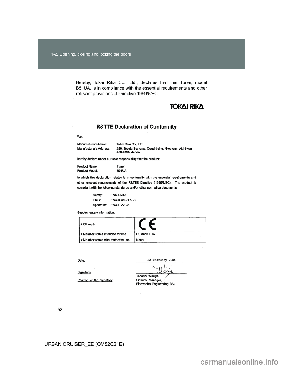 TOYOTA URBAN CRUISER 2011  Owners Manual 52 1-2. Opening, closing and locking the doors
URBAN CRUISER_EE (OM52C21E)
Hereby, Tokai Rika Co., Ltd., declares that this Tuner, model
B51UA, is in compliance with the essential requirements and oth