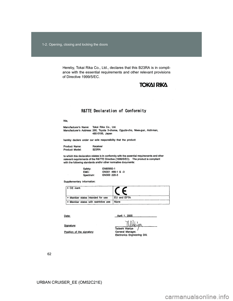 TOYOTA URBAN CRUISER 2011  Owners Manual 62 1-2. Opening, closing and locking the doors
URBAN CRUISER_EE (OM52C21E)
Hereby, Tokai Rika Co., Ltd., declares that this B23RA is in compli-
ance with the essential requirements and other relevant 