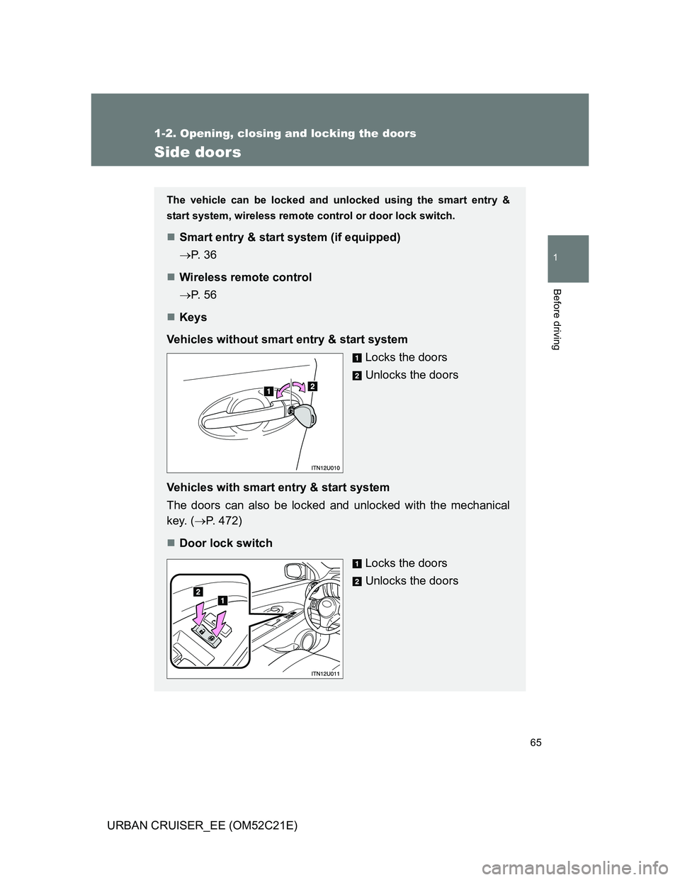 TOYOTA URBAN CRUISER 2011  Owners Manual 65
1
1-2. Opening, closing and locking the doors
Before driving
URBAN CRUISER_EE (OM52C21E)
Side doors
The vehicle can be locked and unlocked using the smart entry &
start system, wireless remote cont