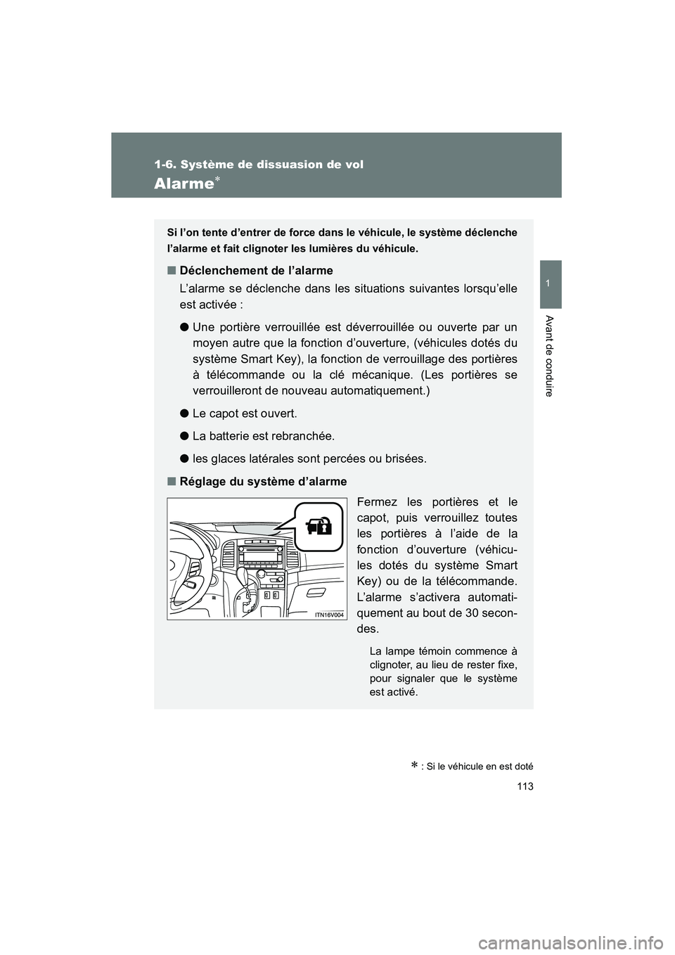 TOYOTA VENZA 2015  Manuel du propriétaire (in French) 113
1
1-6. Système de dissuasion de vol
Avant de conduire
VENZA_OM_OM73023D_(D)
Alarme∗
∗ : Si le véhicule en est doté
Si l’on tente d’entrer de force dans le véhicule, le système déclen