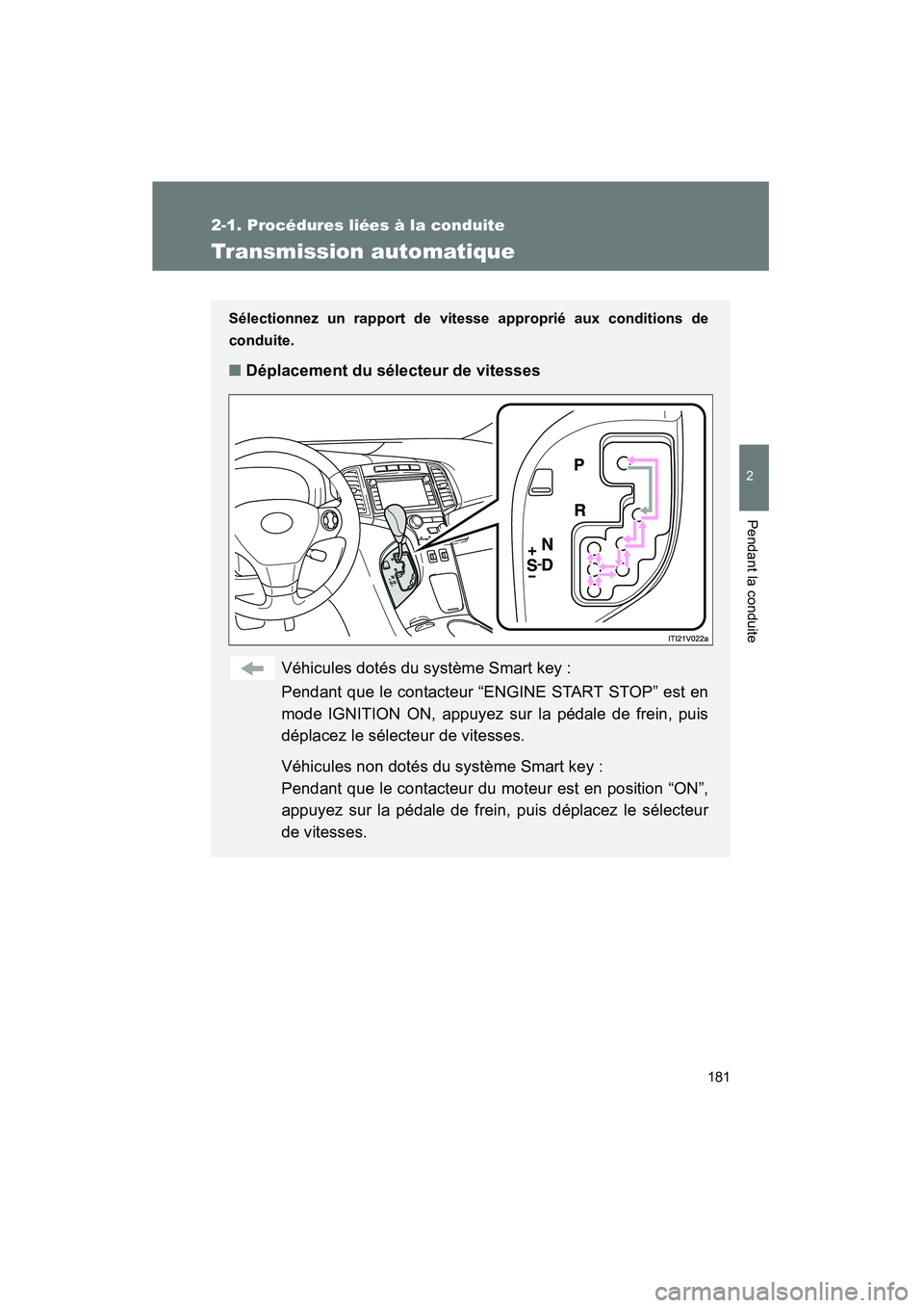TOYOTA VENZA 2015  Manuel du propriétaire (in French) 181
2-1. Procédures liées à la conduite
2
Pendant la conduite
VENZA_OM_OM73023D_(D)
Transmission automatique
Sélectionnez un rapport de vitesse approprié aux conditions de
conduite.
■Déplaceme