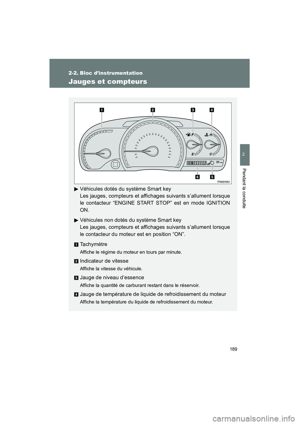 TOYOTA VENZA 2015  Manuel du propriétaire (in French) 189
2
Pendant la conduite
VENZA_OM_OM73023D_(D)
2-2. Bloc d’instrumentation
Jauges et compteurs
Véhicules dotés du système Smart key
Les jauges, compteurs et affichages suivants s’allument lors