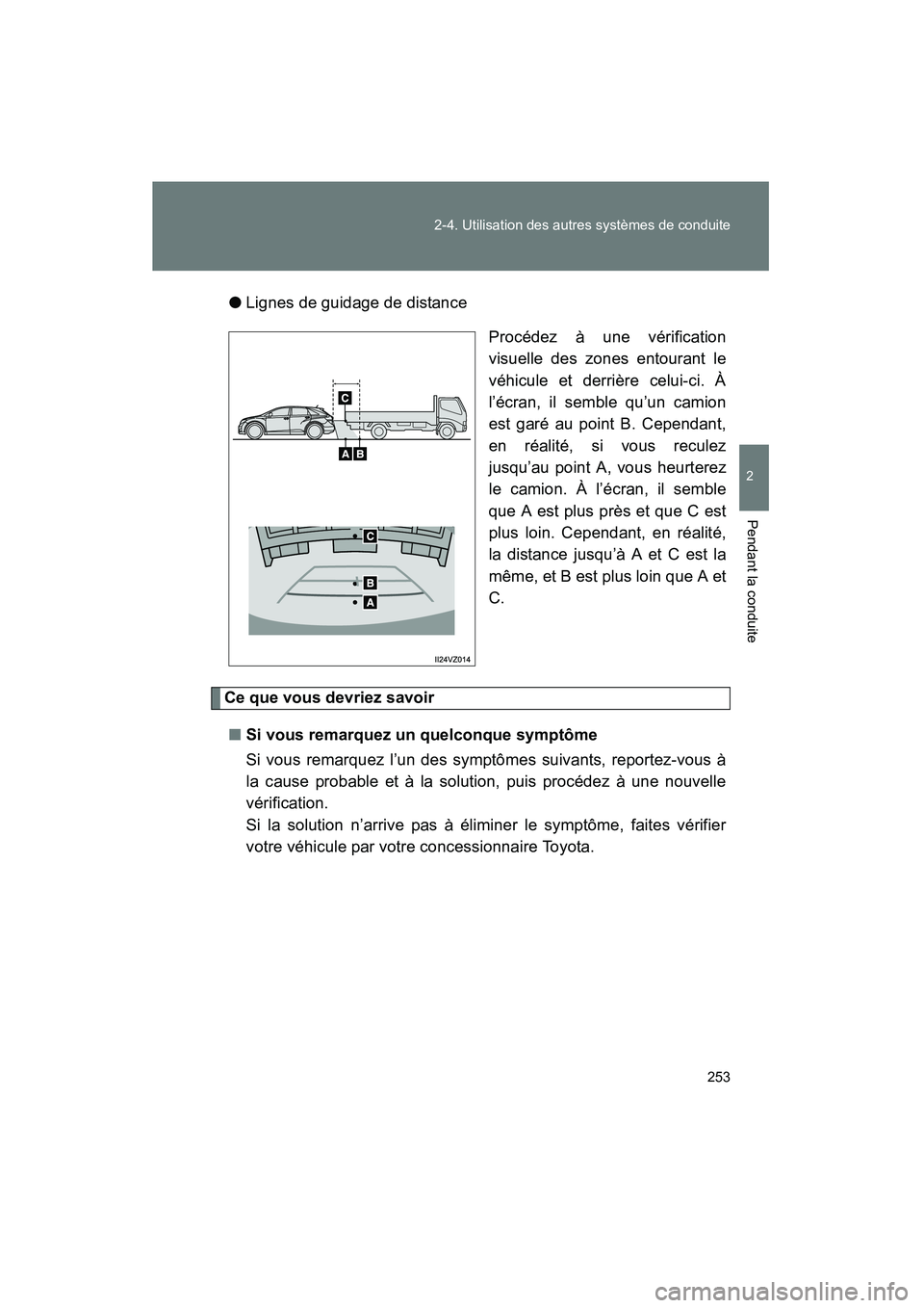 TOYOTA VENZA 2015  Manuel du propriétaire (in French) 253
2-4. Utilisation des autres systèmes de conduite
2
Pendant la conduite
VENZA_OM_OM73023D_(D)
●
Lignes de guidage de distance
Procédez à une vérification
visuelle des zones entourant le
véhi
