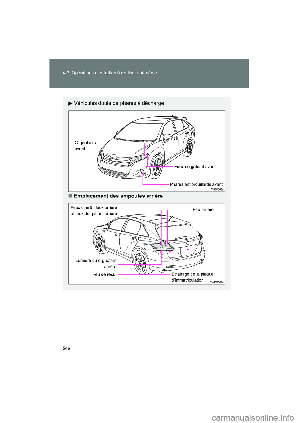 TOYOTA VENZA 2015  Manuel du propriétaire (in French) 546 4-3. Opérations d’entretien à réaliser soi-même
VENZA_OM_OM73023D_(D)
Véhicules dotés de phares à décharge
■ Emplacement des ampoules arrière
Clignotants 
avant
Phares antibrouillards