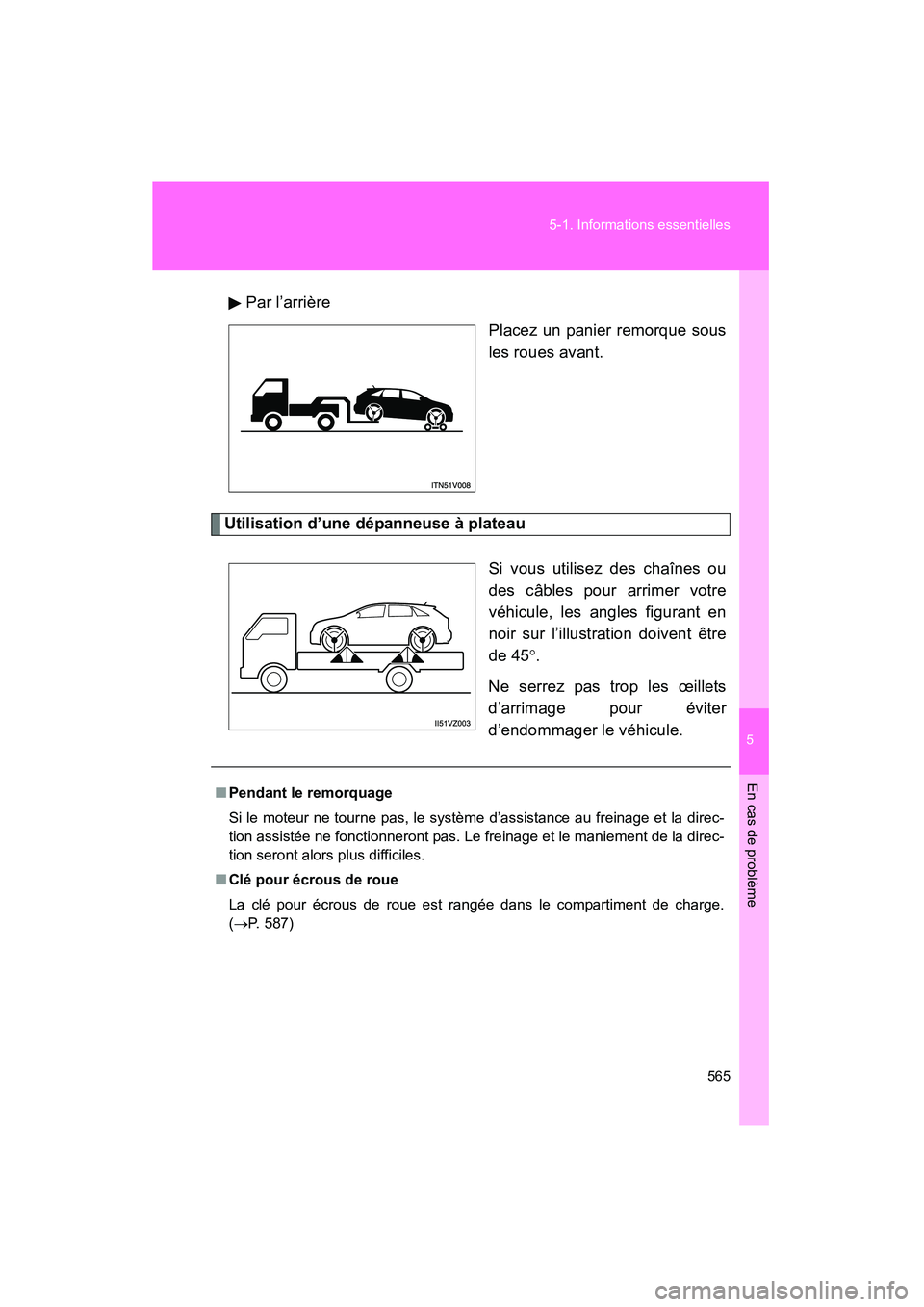 TOYOTA VENZA 2015  Manuel du propriétaire (in French) 5
En cas de problème
565
5-1. Informations essentielles
VENZA_OM_OM73023D_(D)
Par l’arrière
Placez un panier remorque sous
les roues avant.
Utilisation d’une dépanneuse à plateau
Si vous utili