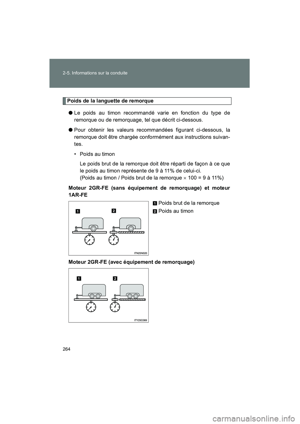 TOYOTA VENZA 2013  Manuel du propriétaire (in French) 264 2-5. Informations sur la conduite
VENZA_OM_OM73010D_(D)
Poids de la languette de remorque● Le poids au timon recommandé varie en fonction du type de
remorque ou de remorquage, tel que décrit c