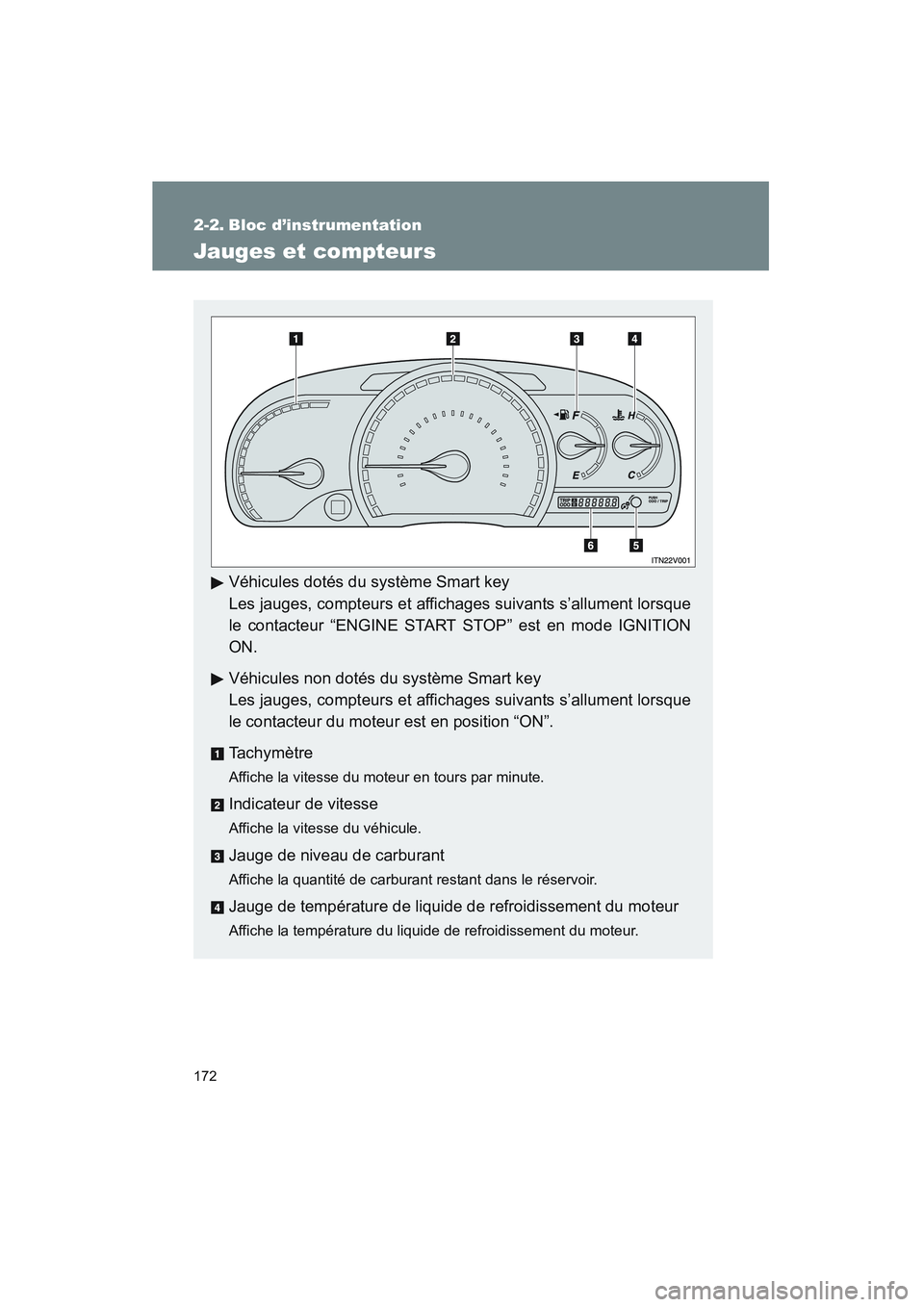 TOYOTA VENZA 2010  Manuel du propriétaire (in French) 172
VENZA_D (OM73005D)
2-2. Bloc d’instrumentation
Jauges et compteurs
Véhicules dotés du système Smart key
Les jauges, compteurs et affich ages suivants s’allument lorsque
le contacteur “ENG